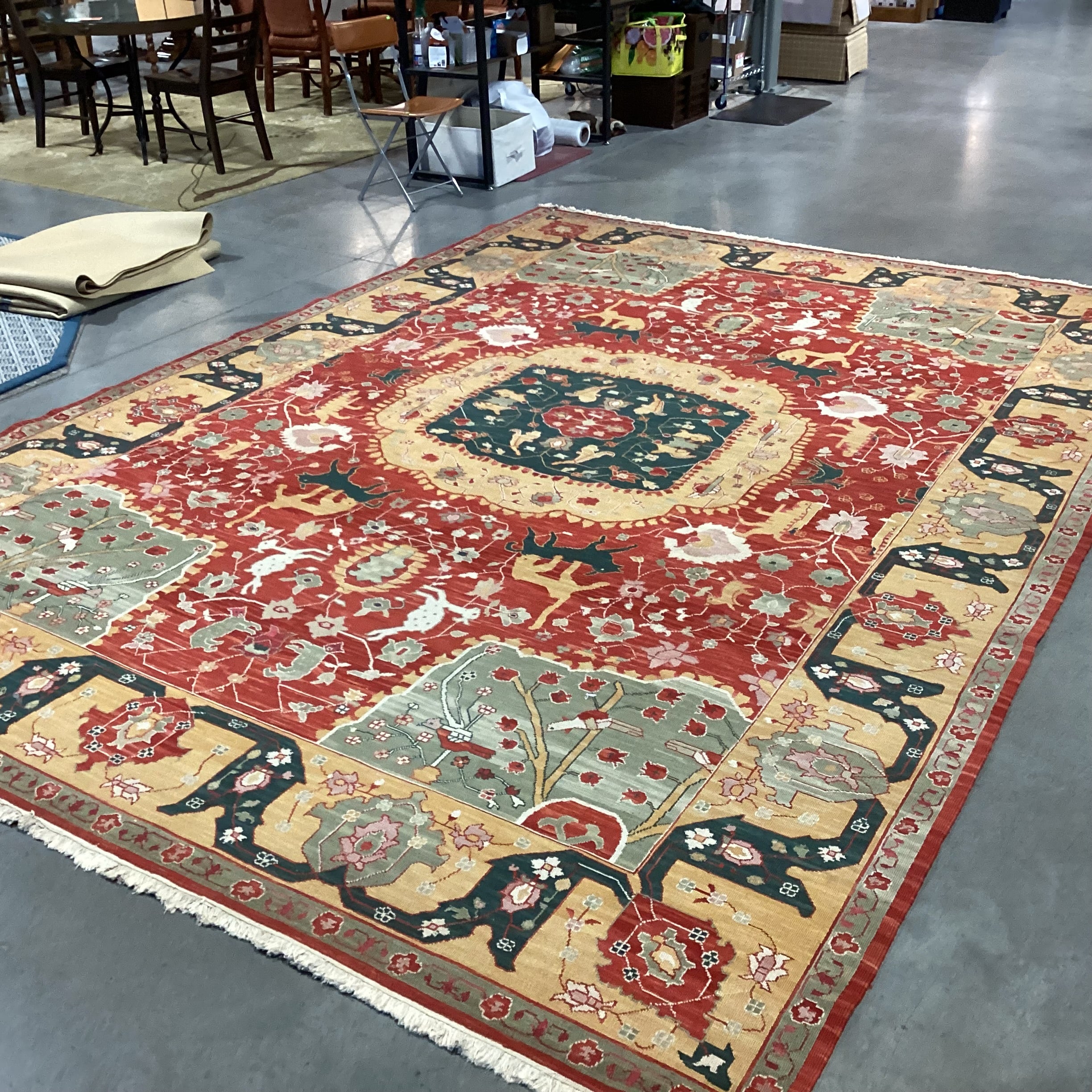 Nourmak Wool Red Gold Green Floral Fauna with Soumak Weaving Rug 9'10"x 14'3"