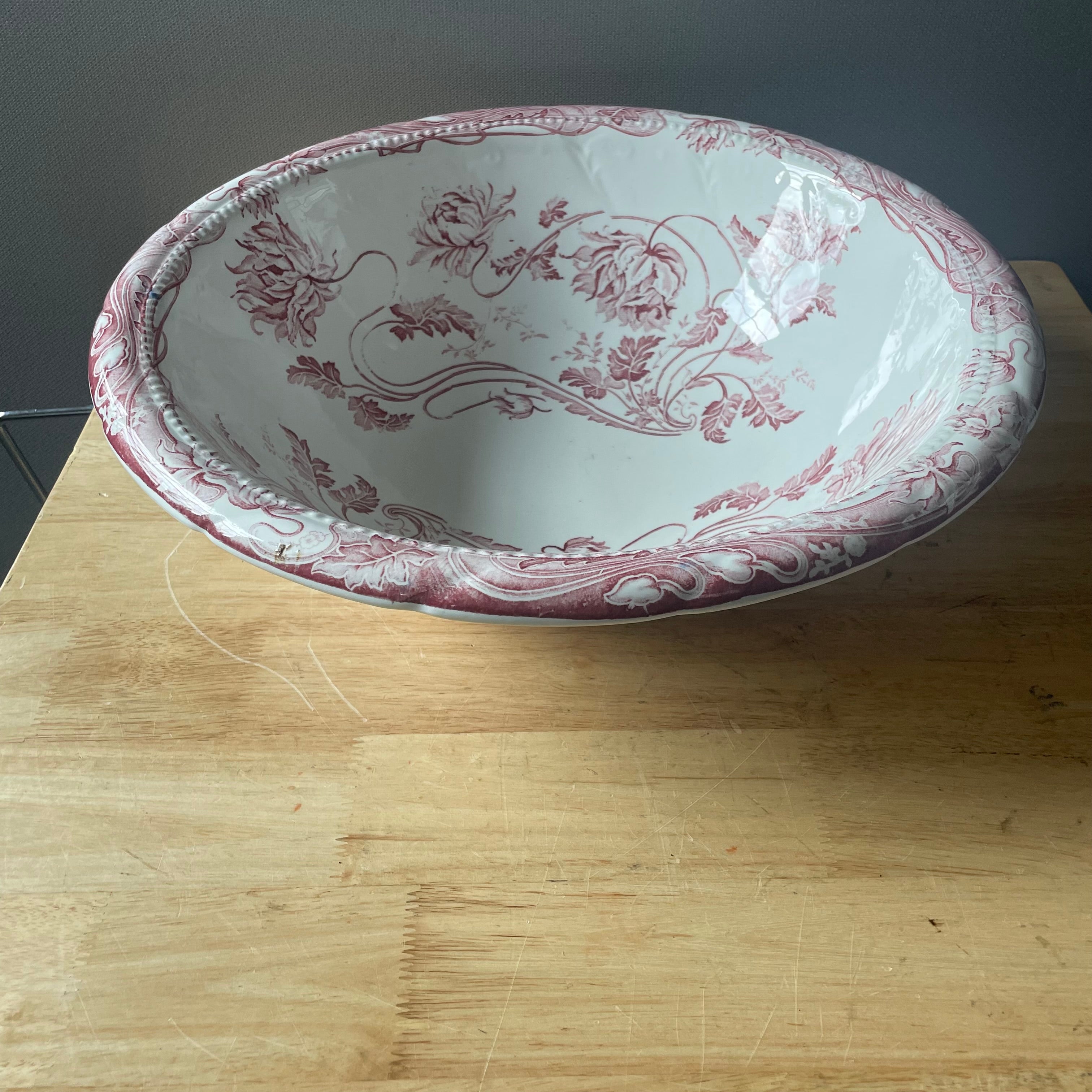 Antique F Winkle & Co Colonial Pottery Red Wine Floral TransferWare Ironstone "Togo" Wash Basin/Bowl,16"x 5"