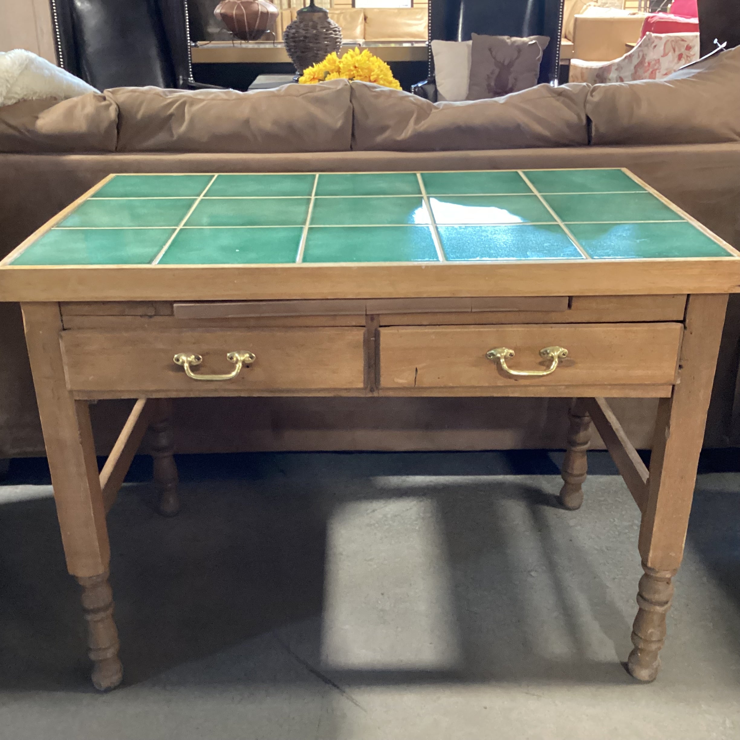 Vintage Natural Wood with Green Tile Inset Top 2 Drawer Kitchen Island Table 41.5"x 25.5"x 30.5"