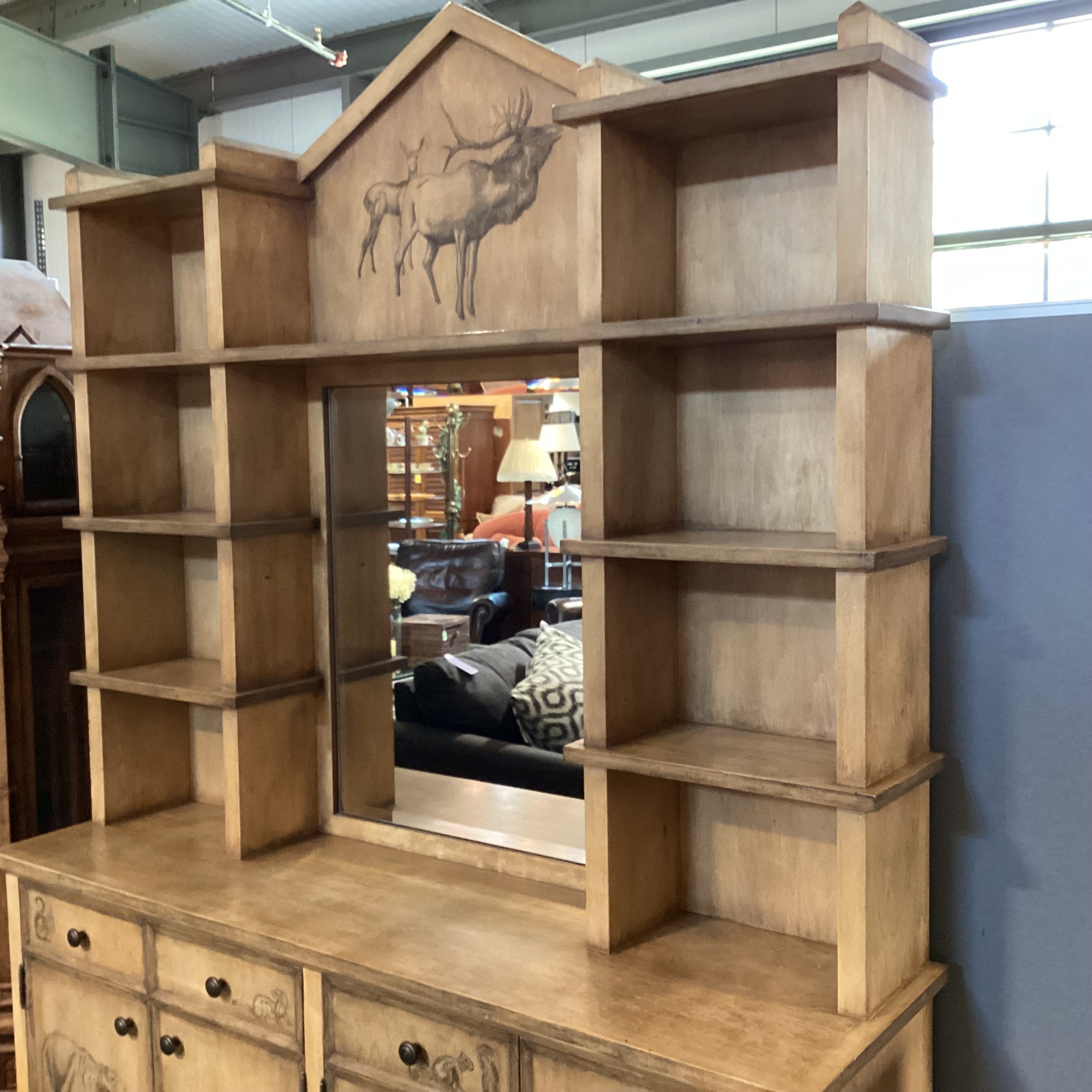 Custom Cabinetry Antiqued Wash with Forest Animals 2 Piece with Hutch Credenza 72"x 21"x 96"