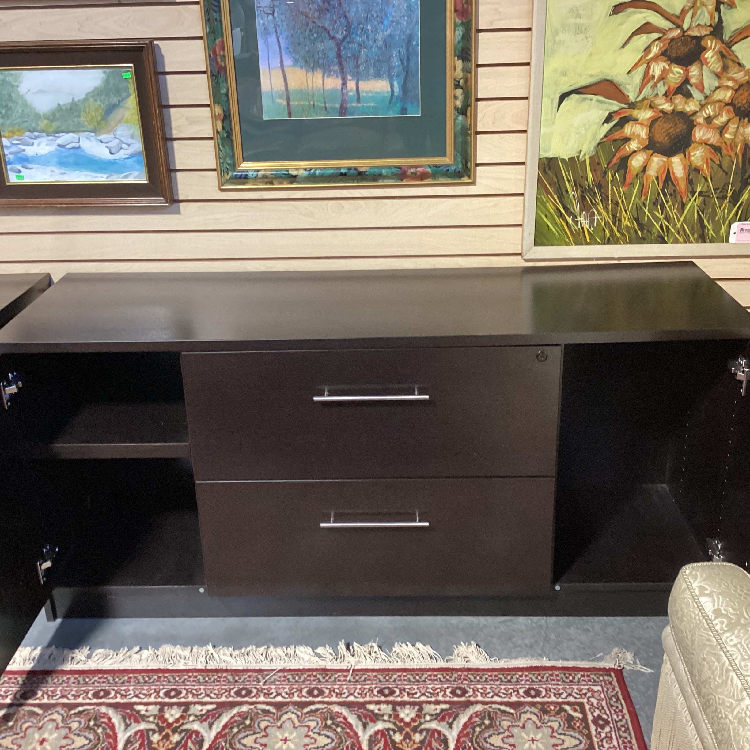 Dark Finish Wood Style Veneer 2 Door 2 Drawer Credenza 63"x 20"x 29"