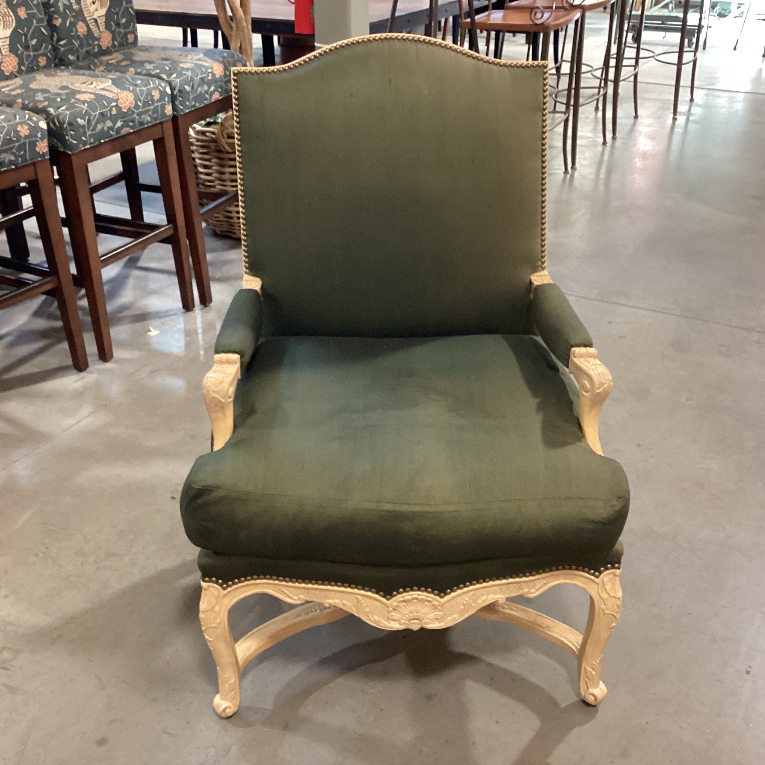 Carved Washed Wood & Green Raw Silk Down Chair 29"x 25"x 42"