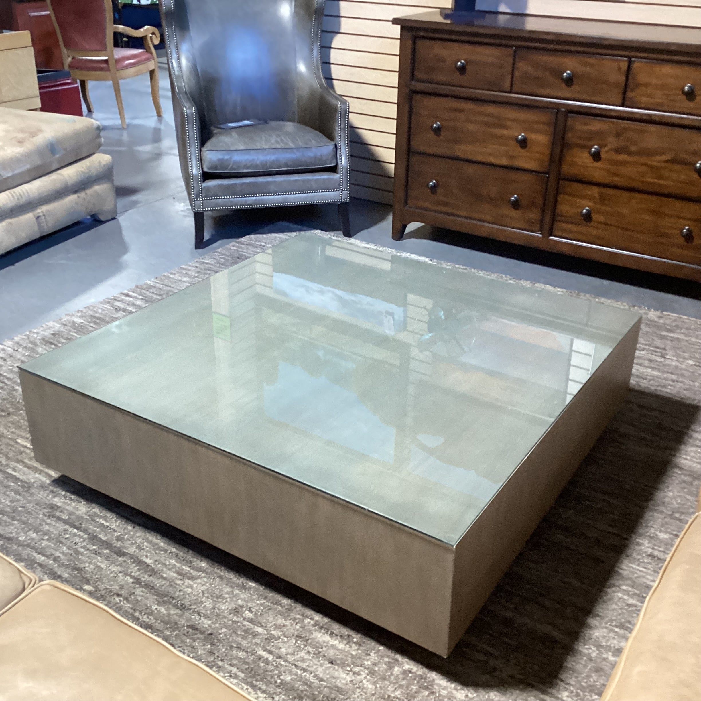Modern Grey Sage Finished Oak & Glass Top Coffee Table 48"x 48"x 14.5"