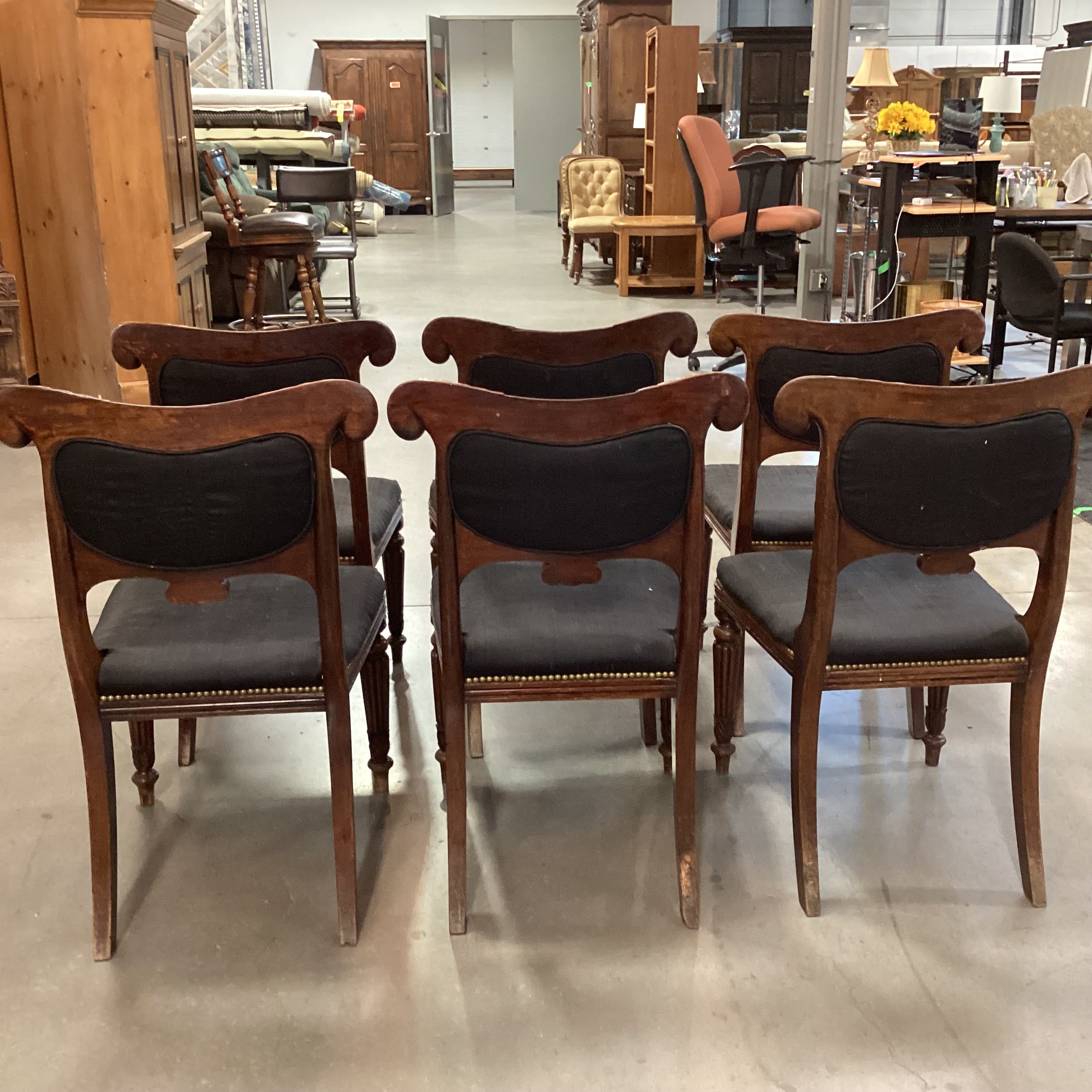 SET of 6 Antique Carved Wood & Black Upholstered Nailhead Dining Chairs 20"x 20"x 33.5"