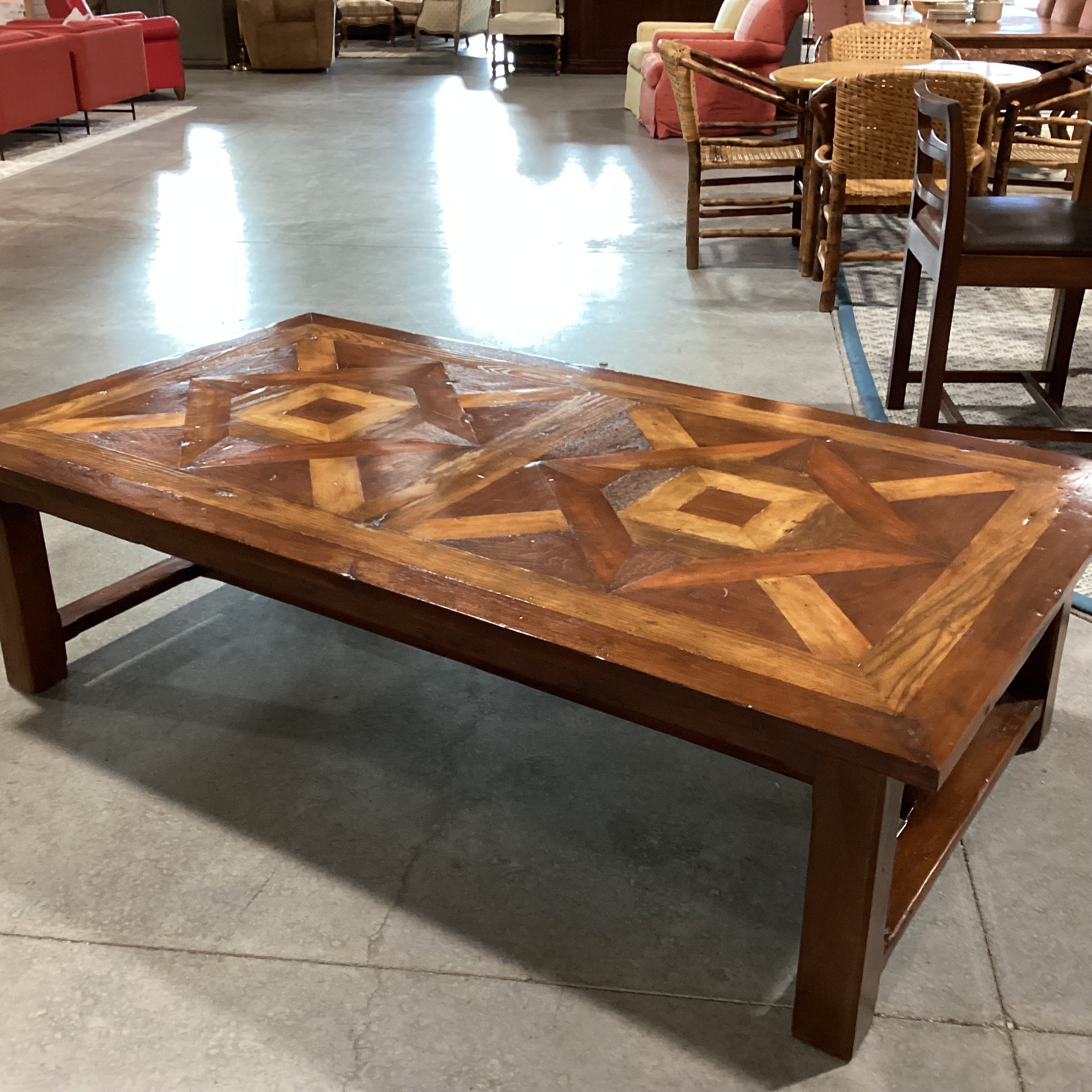 Rustic 2 Tone Finish with Inlay Design Top & Trestle Coffee Table 71.5"x 39.5"x 19.5"