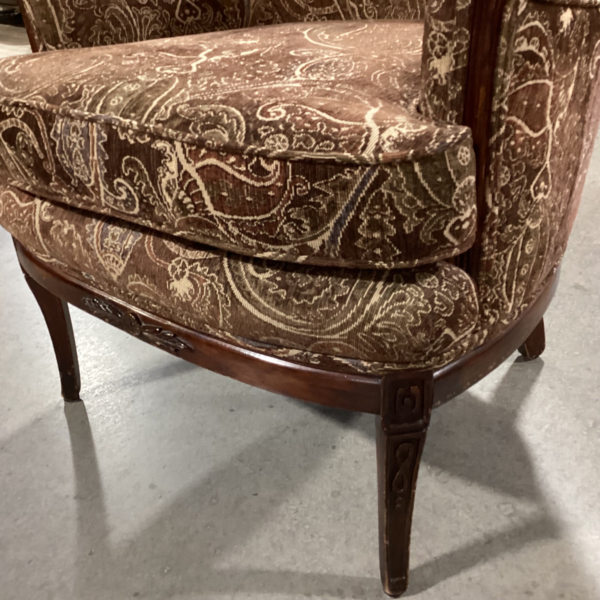 Vintage Brown Tones Paisley & Carved Wood Wing Chair 26"x 36"x 43"