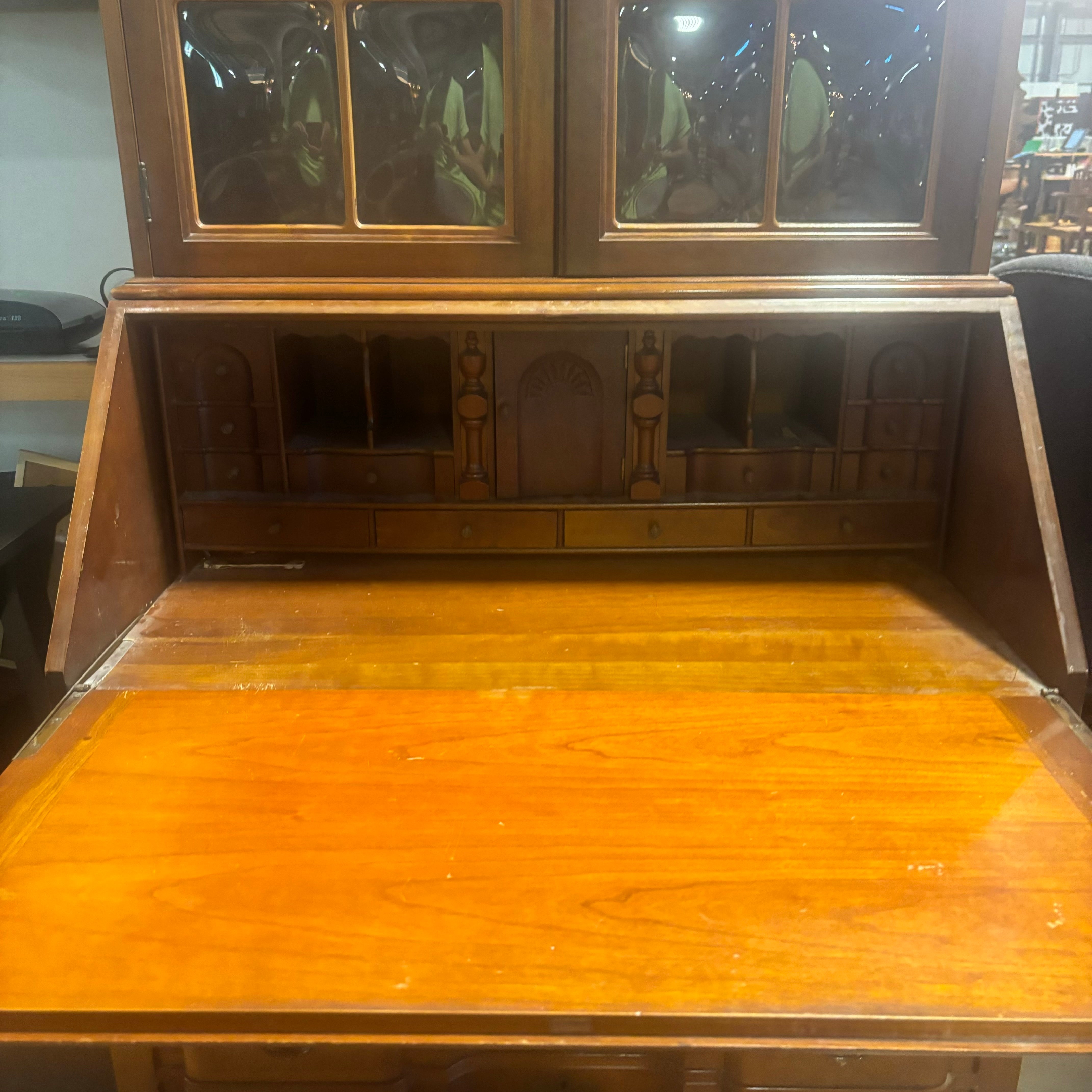 Solid Carved Wood 4 Drawer with 2 Bubble Glass Doors Secretary Desk 36"x 22"x 71"