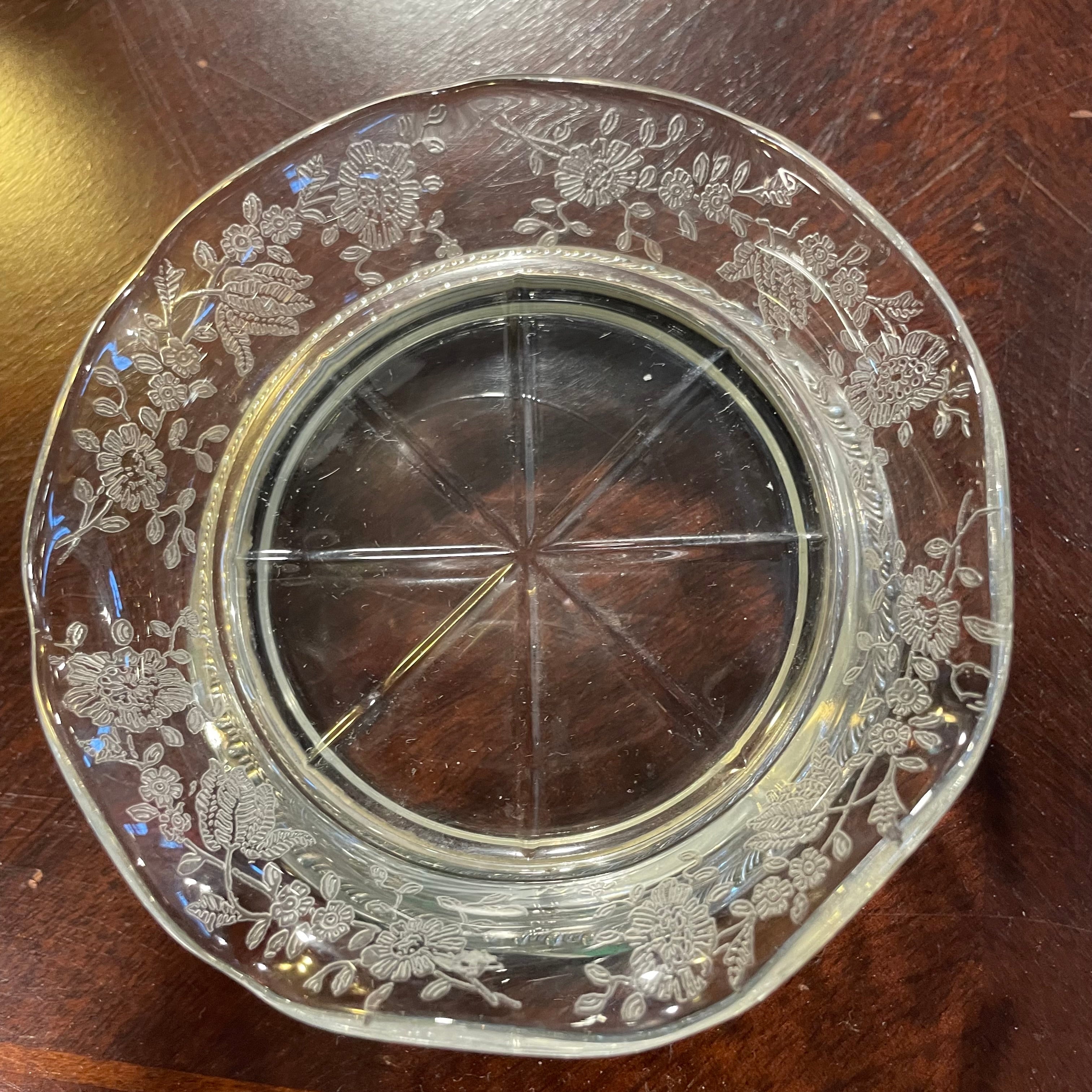Set of 2 Vintage Cambridge "Chantilly" Sterling Silver Rimmed Etched Fluted Glass Coasters