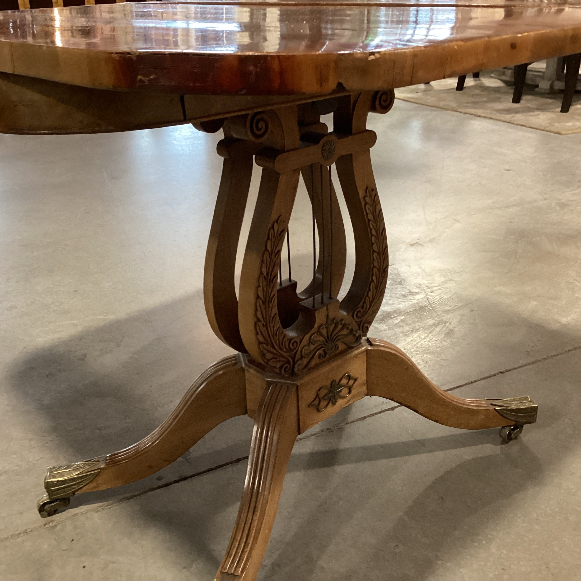Antique Carved Wood & Veneer Twist Top to Open with Harp Pedestal & Brass Accents Accent Table 36"x 18" to 36"x 29.5"