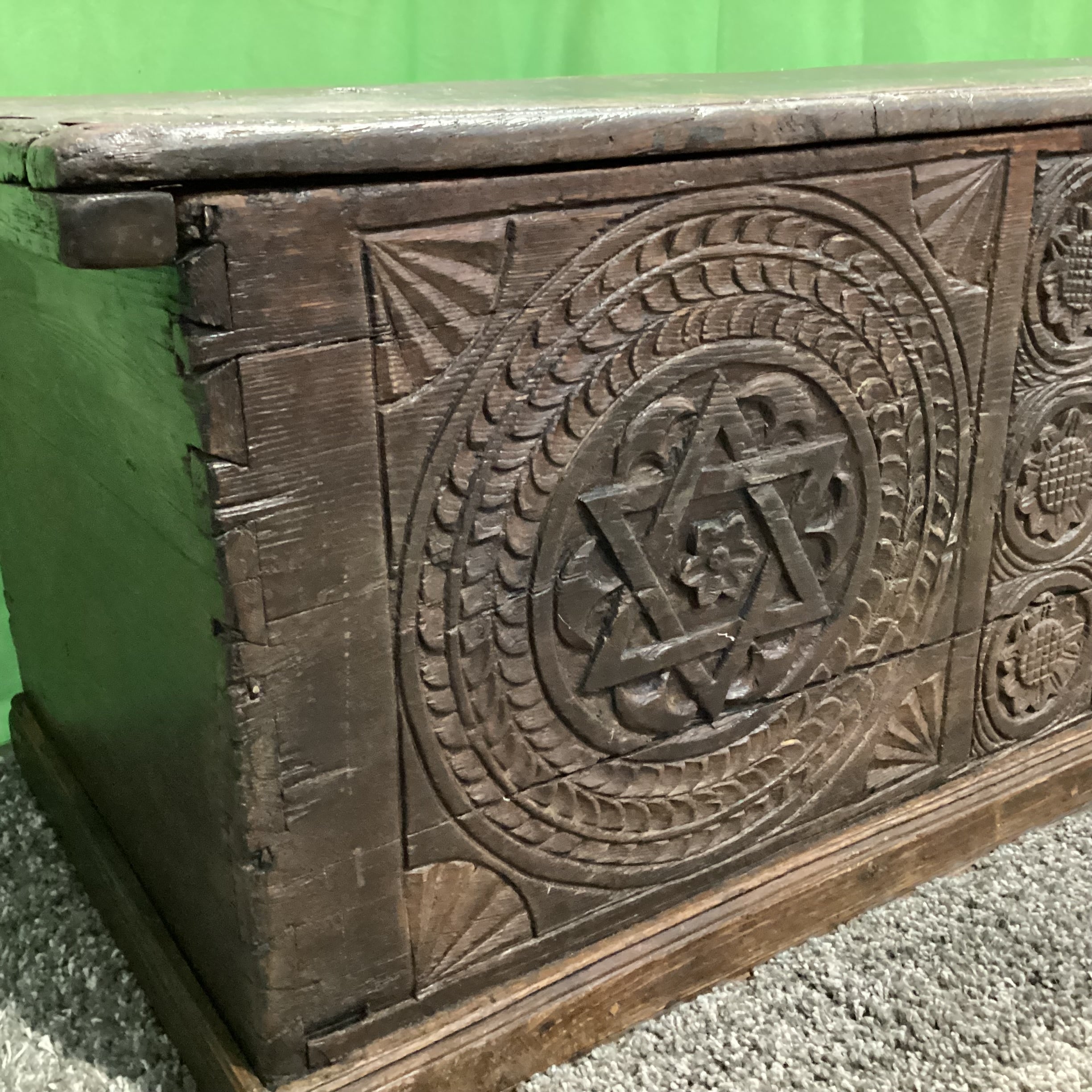 Antique 13th to 17th Century European Chip Carved Oak Hexagram & Geometric Rosettes Blanket Chest or Dowry Trunk 68"x 24"x 24"