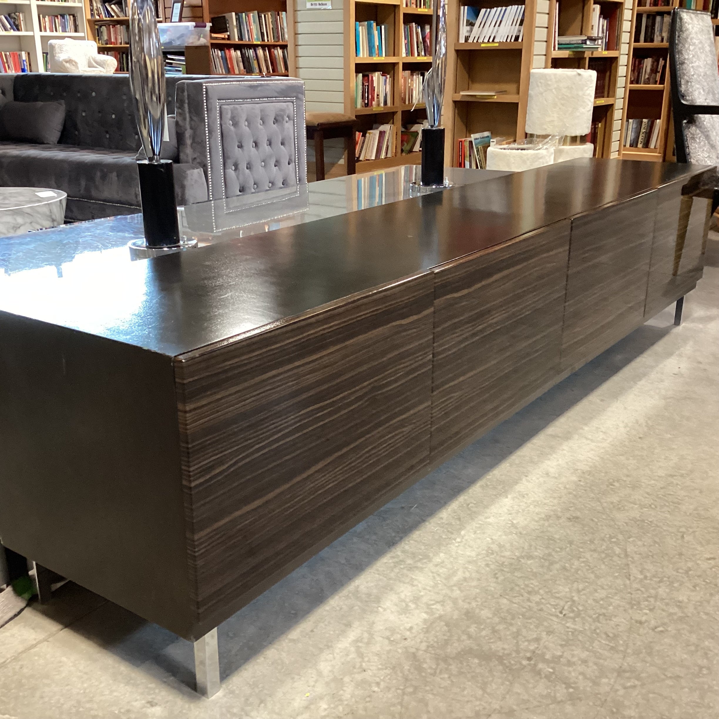 Modern Lacquered Macassar Ebony Veneer 4 Door Console Credenza 94"x 18.5"x 21.5"