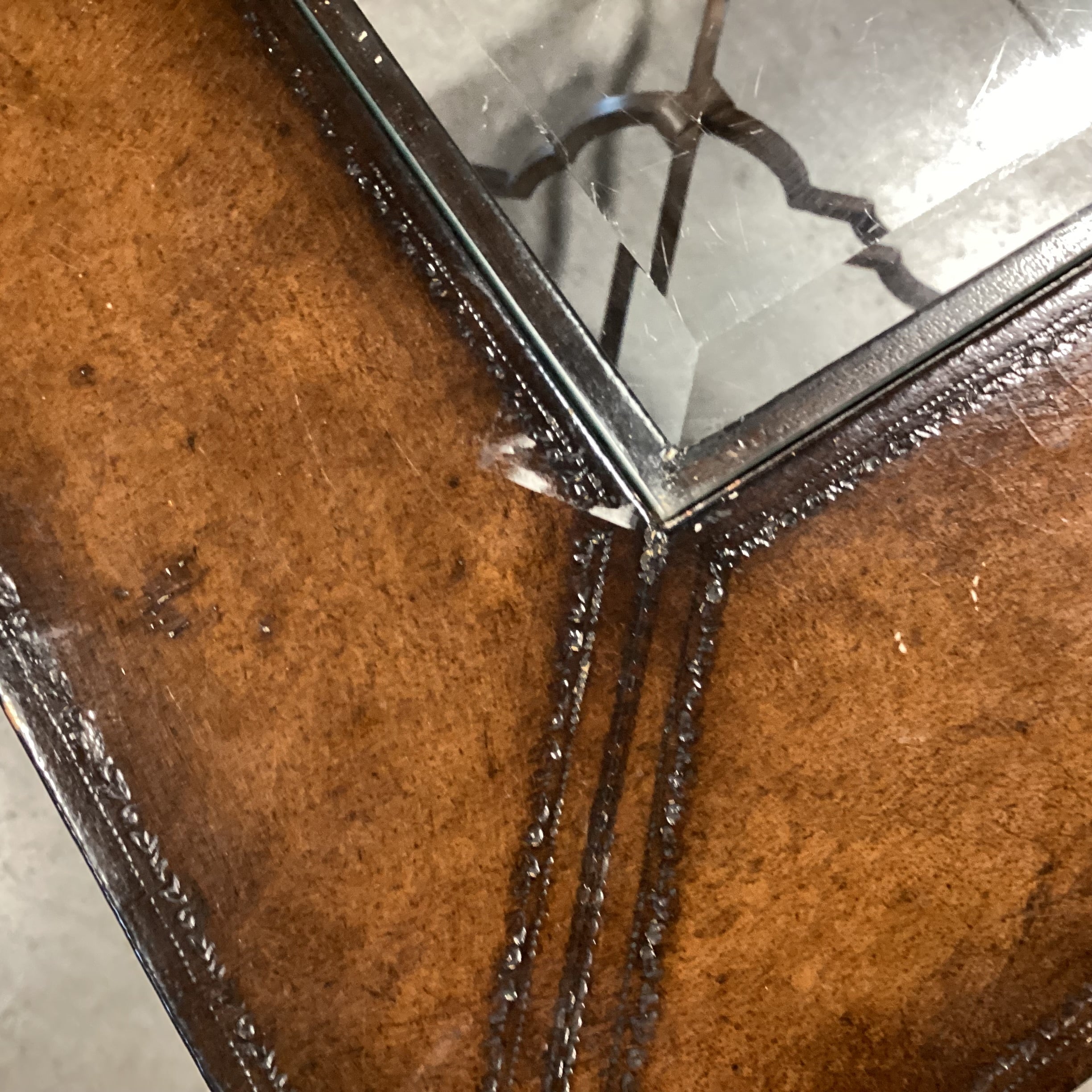 Ornate Iron & Leather Inset Glass Top Accent Table 30"x 30"x 27"