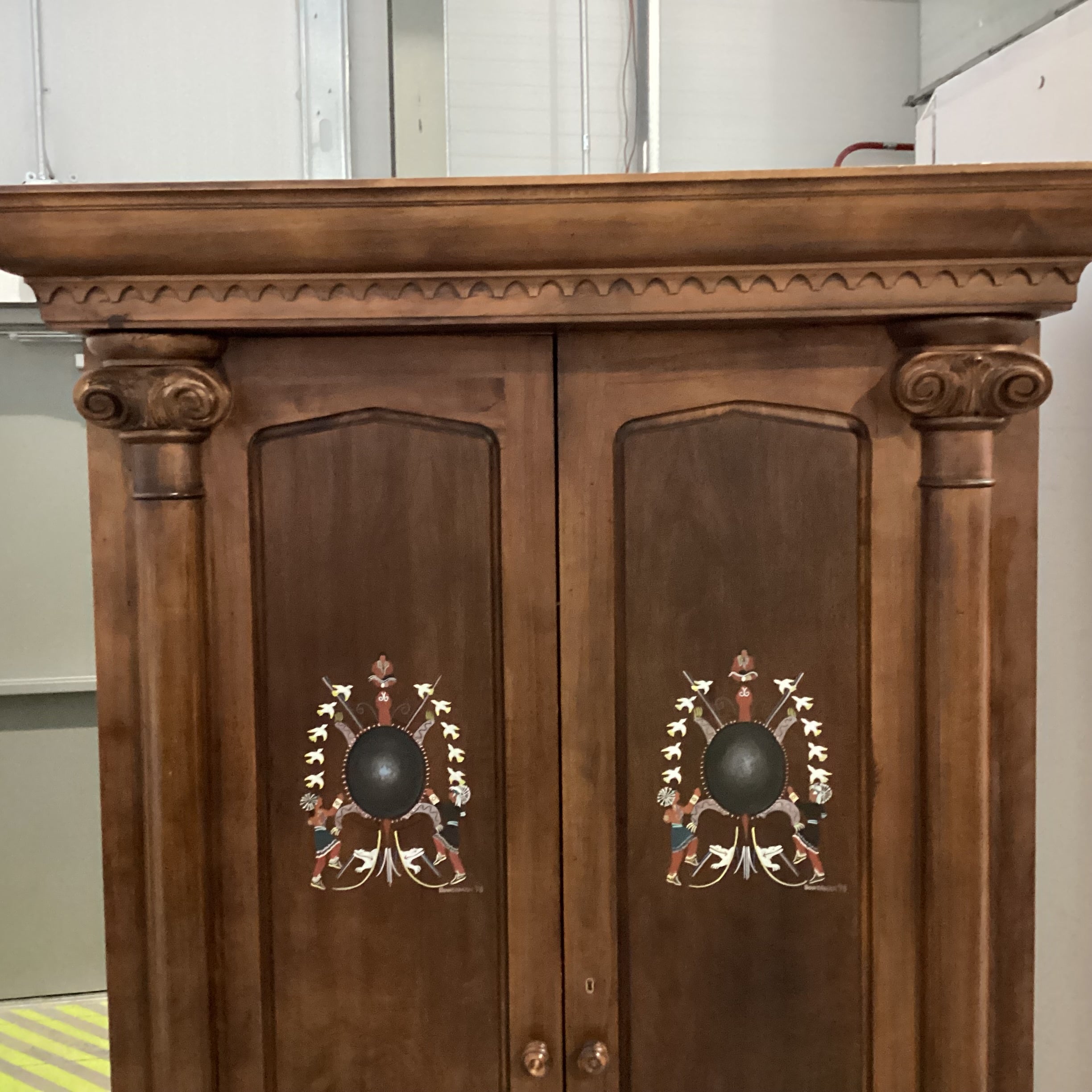 Custom Hand Painted Cheyenne Crow & Sioux Medicine Wheel Dark Finish Carved Wood Wardrobe Armoire 52.5"x 30.5"x 81"