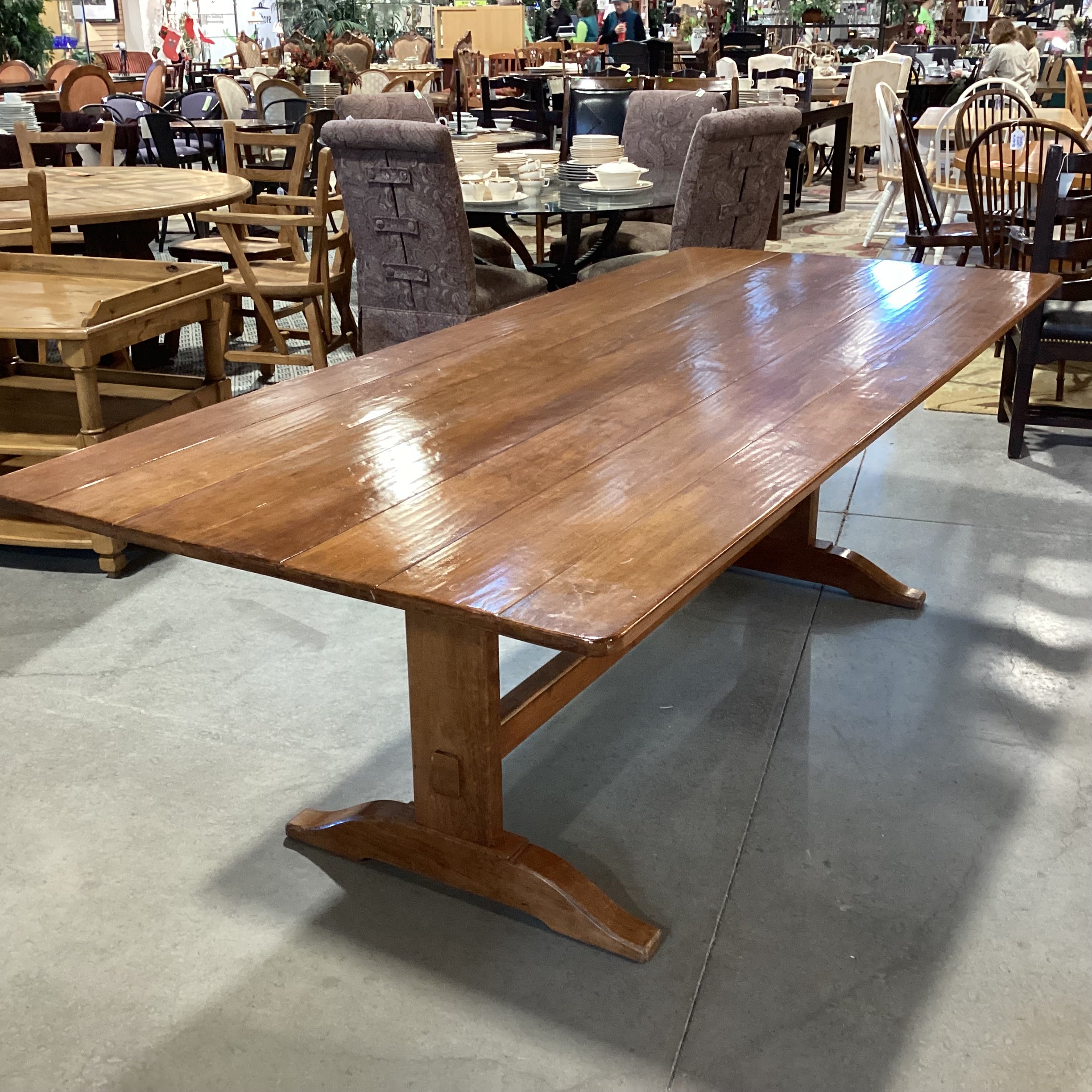 Distressed Finished Plank Top & Trestle  Base Dining Table 93"x 39.5"x 30"