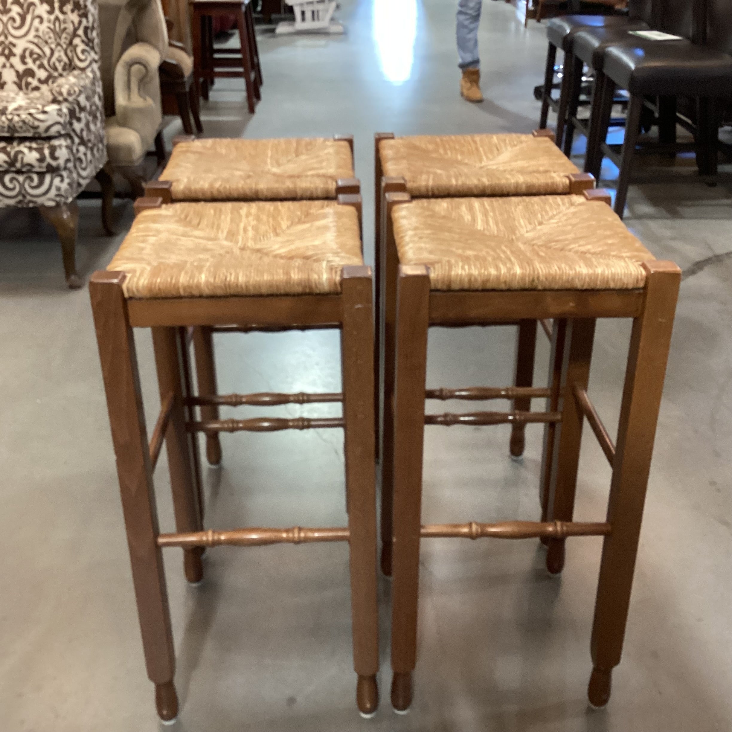 SET of 4 Carved Wood & Rush Seat Barstools 30"