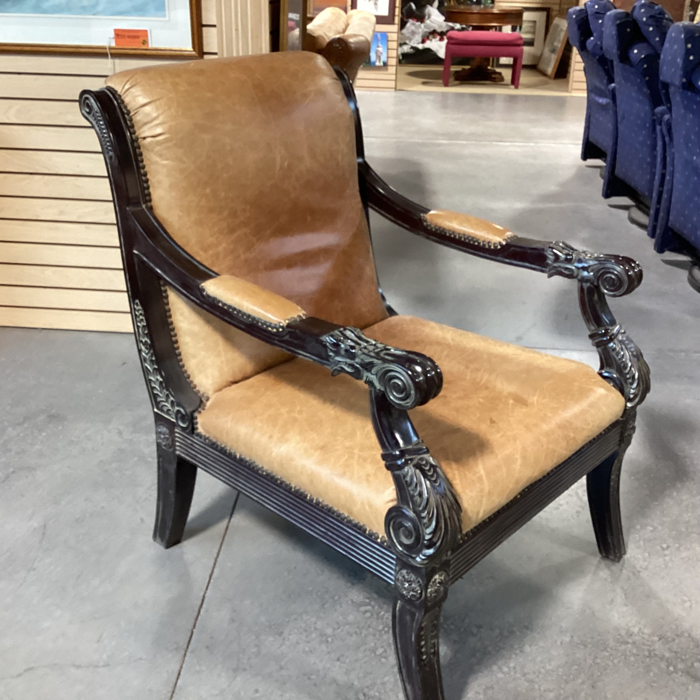 Ornate Dark Finish Carved Wood & Leather Chair 29"x 34"x 39"