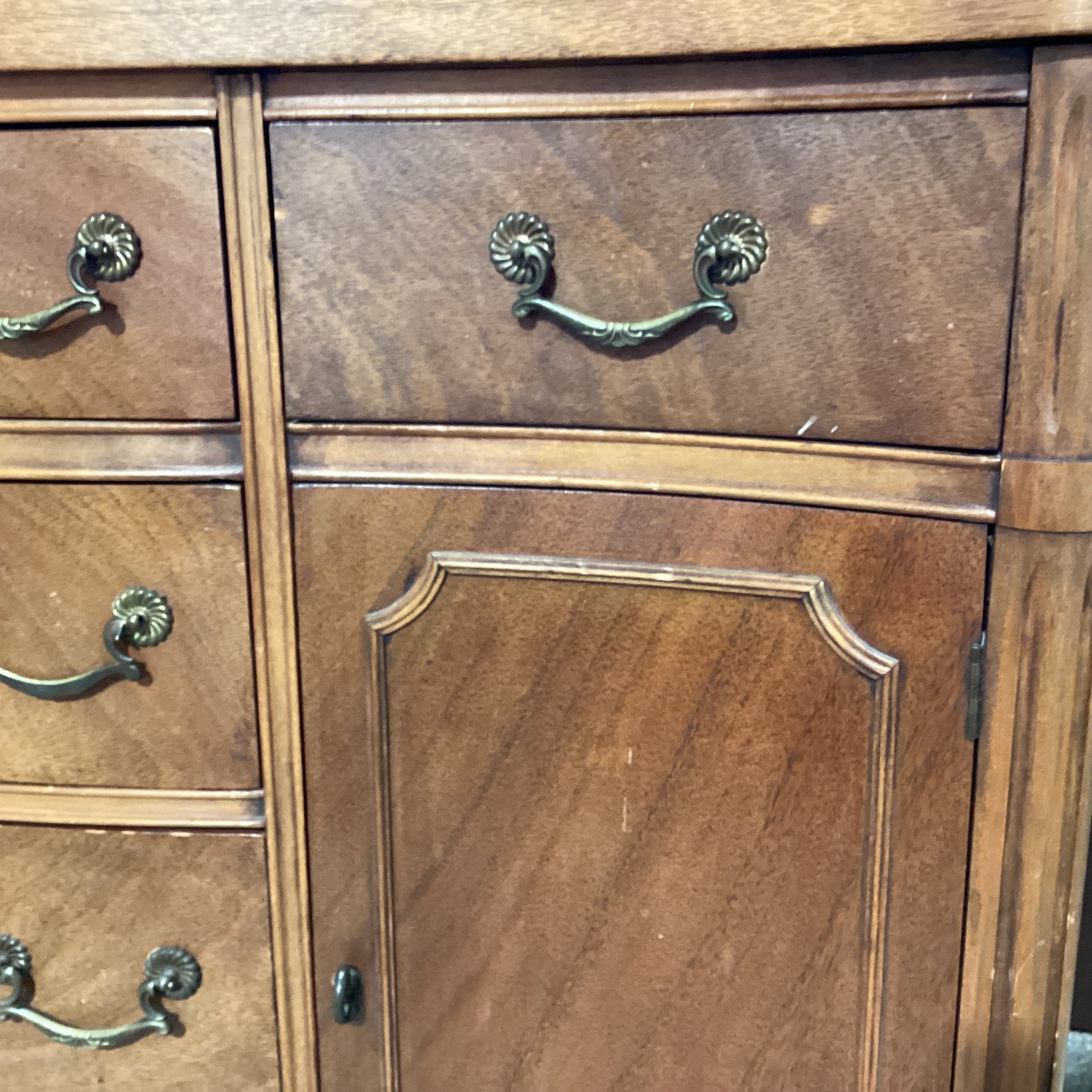 Antique Carved Wood with Molding Detail & Glass Top 2 Door 6 Drawer Sideboard 54"x 21"x 36"