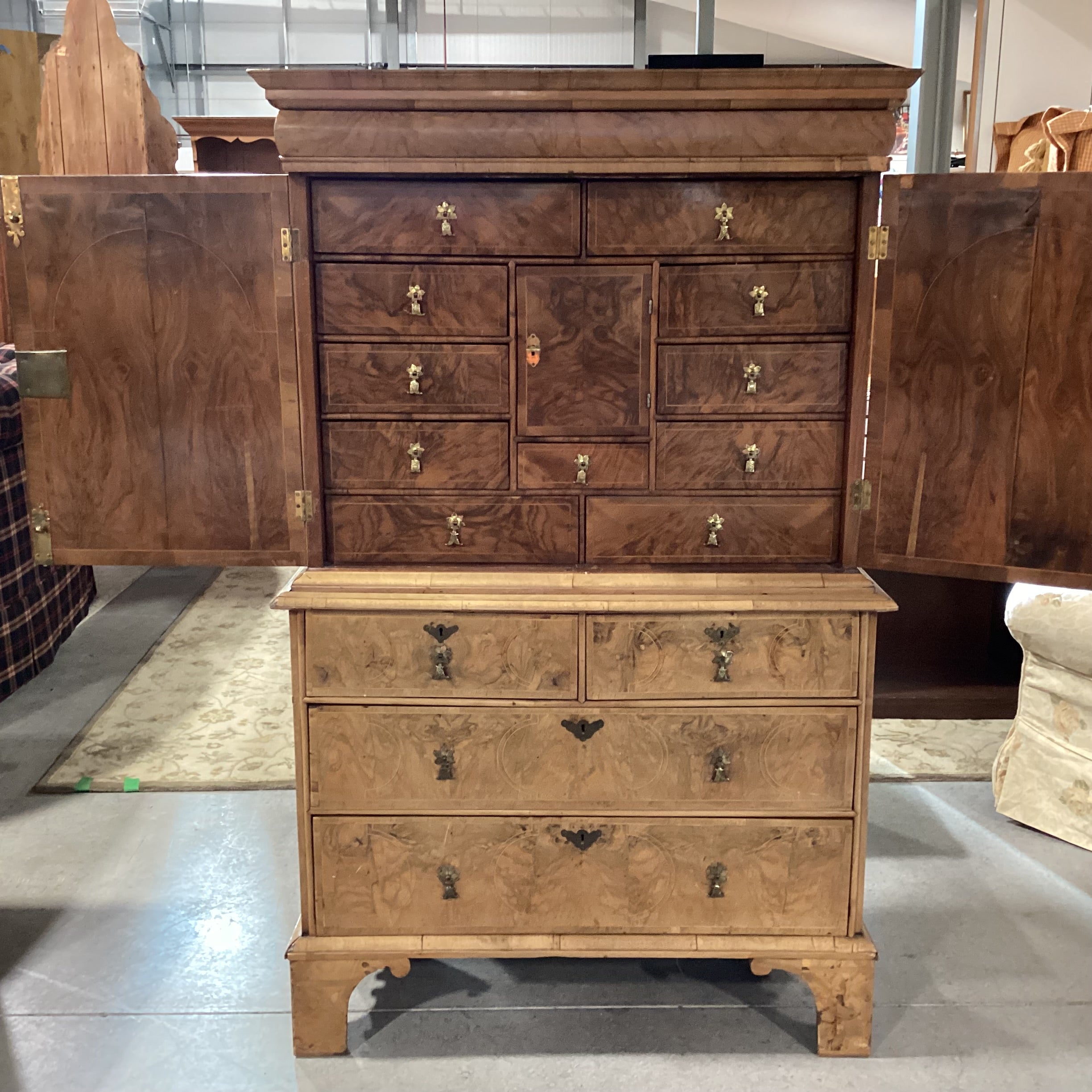 Antique English Burr Walnut Veneer Inlay & Brass Ornate Pulls 18 Drawer 2 Door 2 Piece Cabinet Chest 41"x 18"x 66"