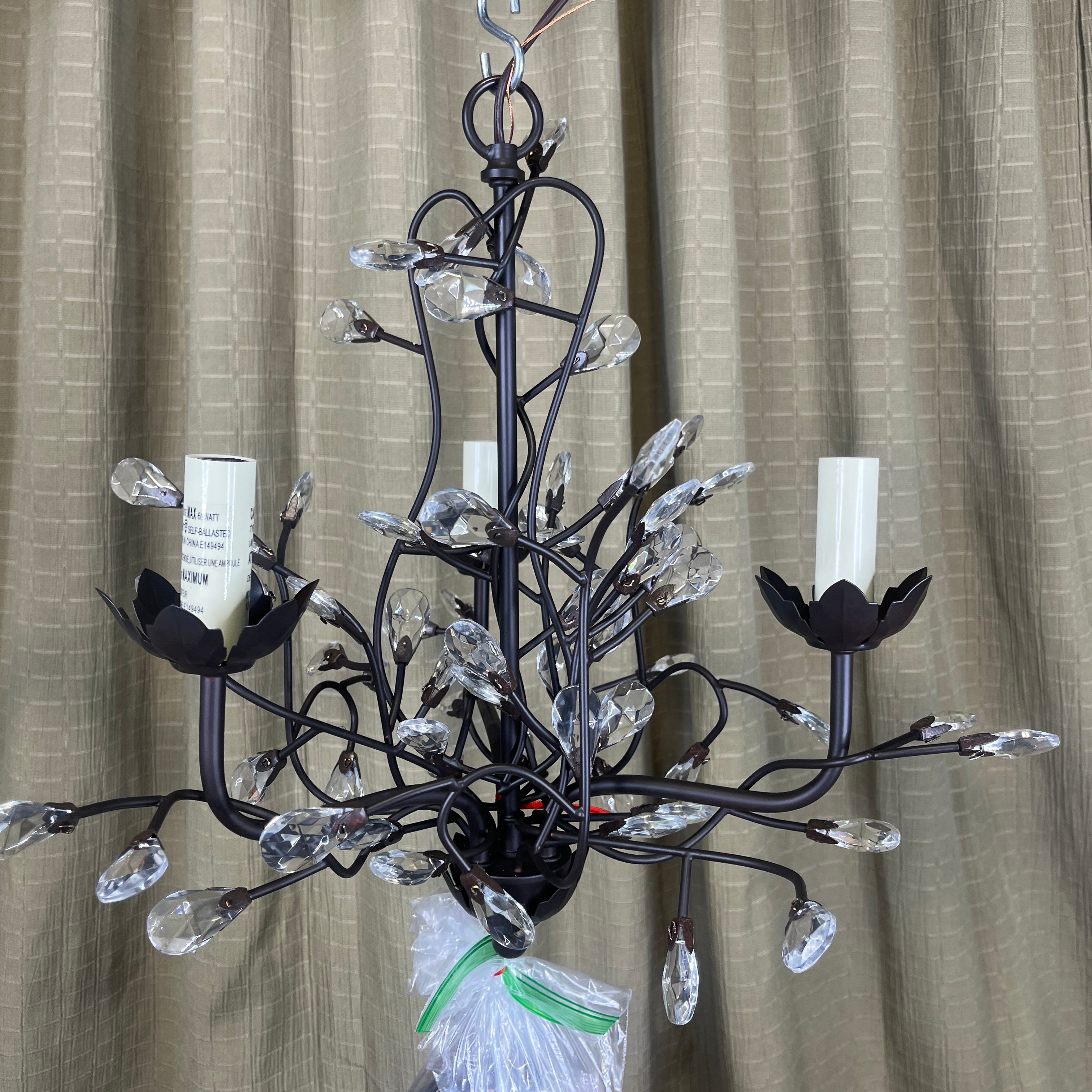 Pottery Barn Camilla 3-Light Aged Bronze Twig Branches with Faceted Glass Crystals Chandelier 16" Diameter x 16" - 72"