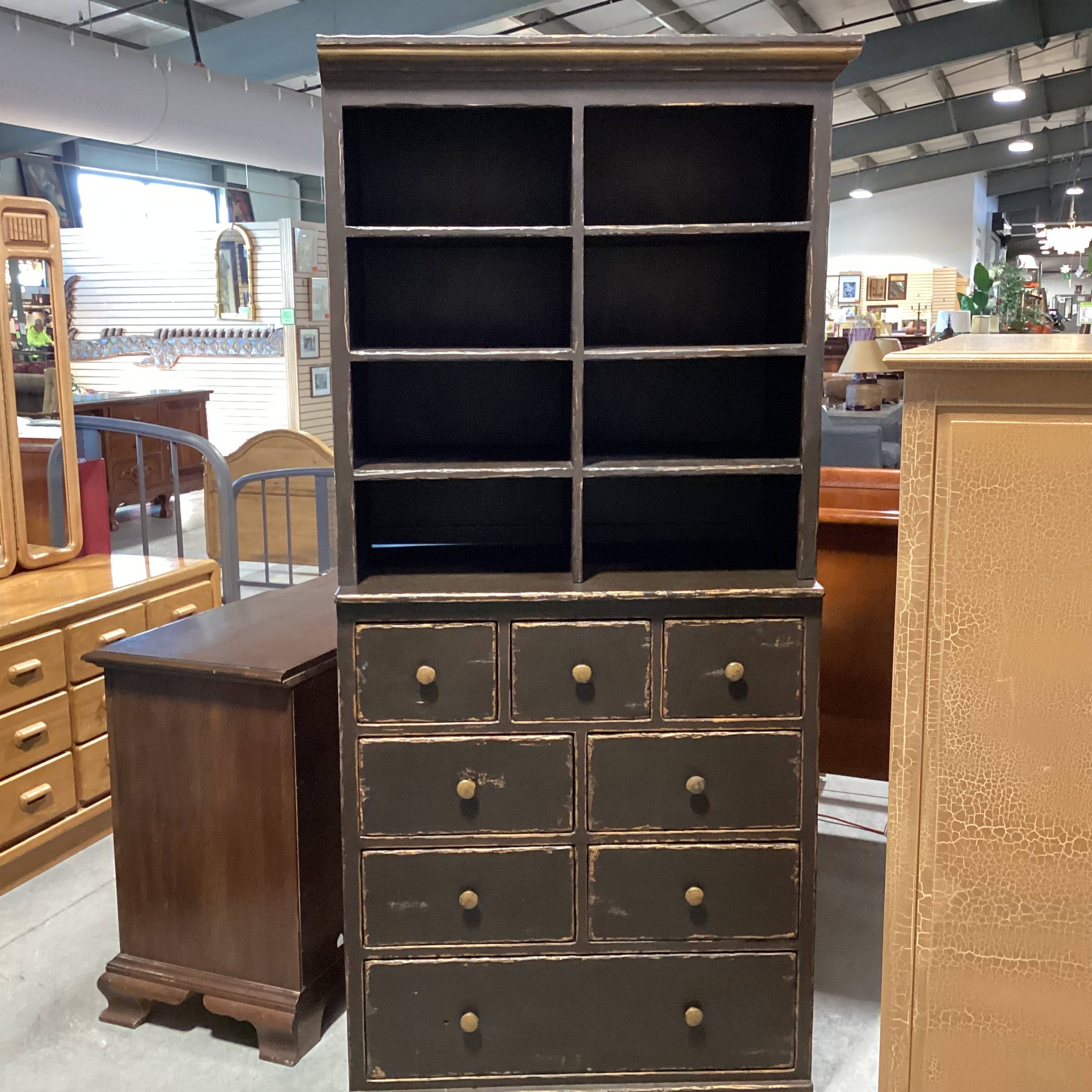 Hamby Antiqued Distressed Wood 8 Drawer 2 Piece with Cubby Hutch Dresser 37.5"x 21"x 80.5"