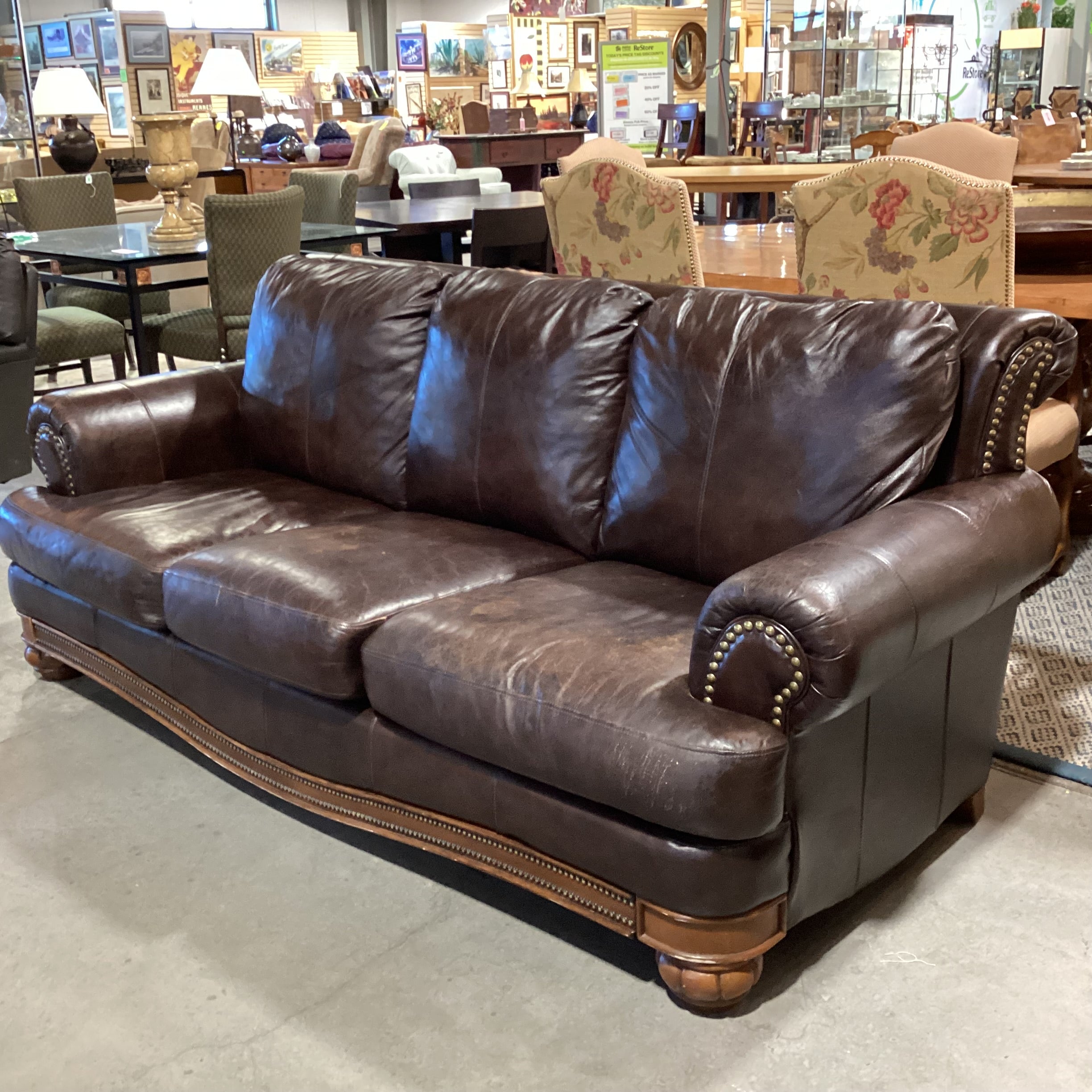 Bonded Leather Nailhead with Detailed Wood Base Sofa 88"x 34"x 35"