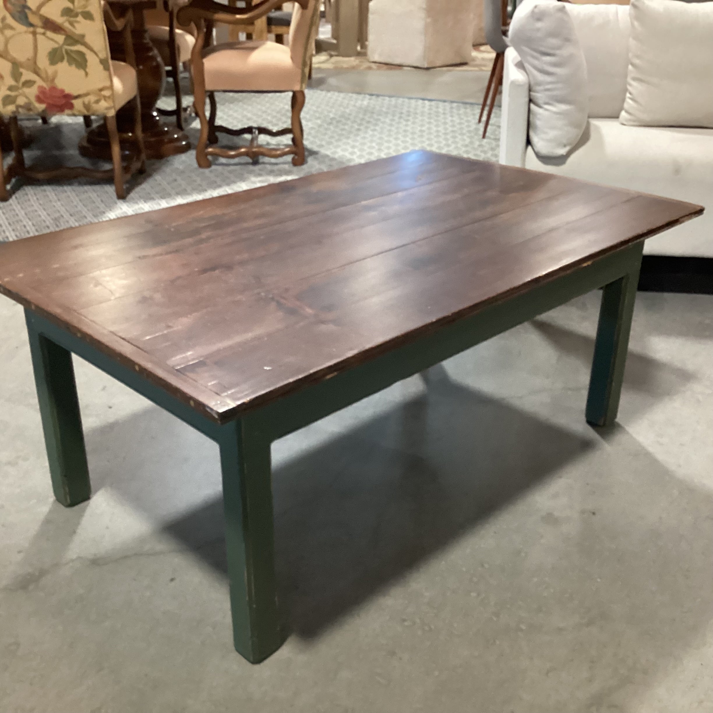 Distressed Finish Plank & Green Wood Coffee Table 48"x 30"x 20"