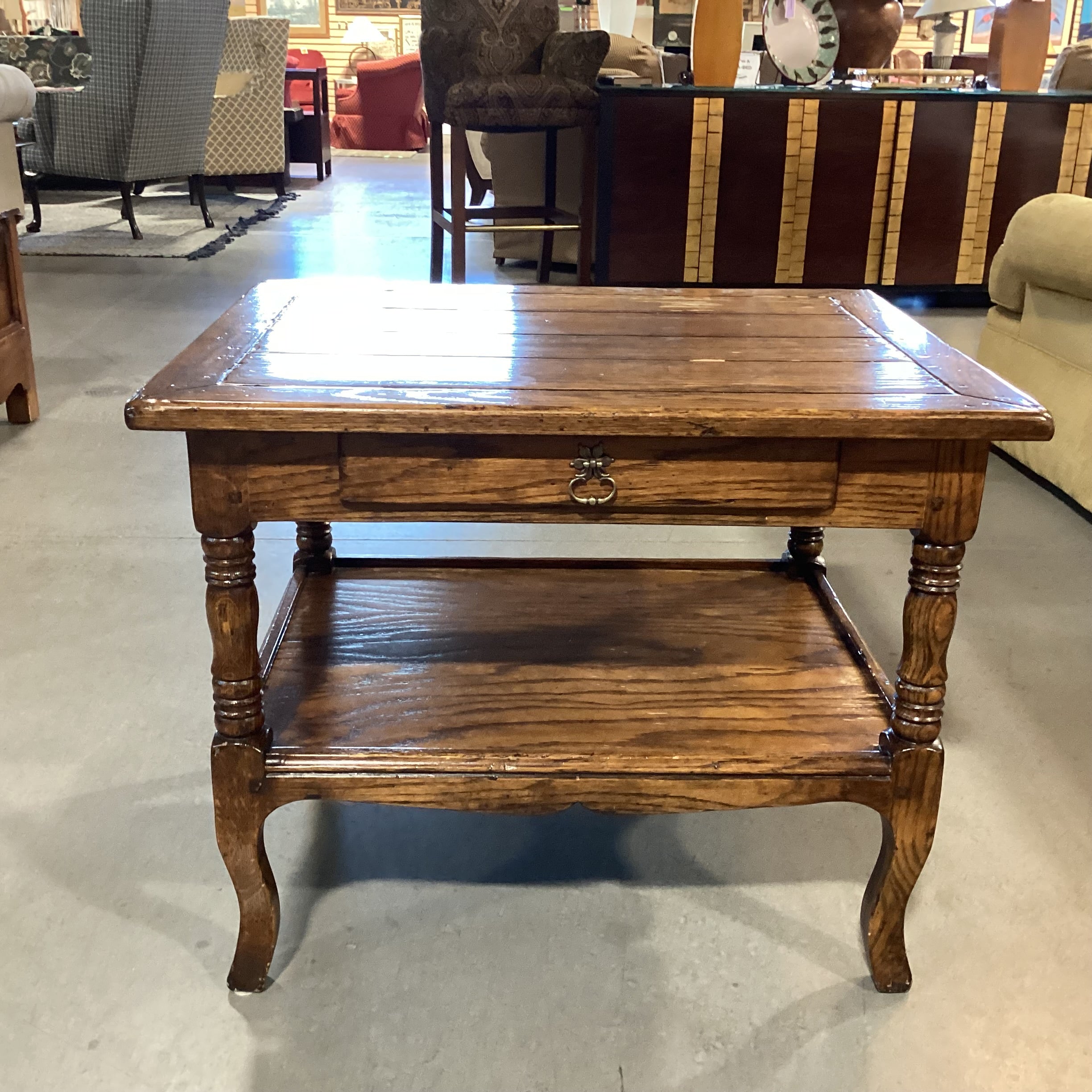 Distressed Finish Carved Oak 1 Drawer & Shelf End Table 30"x 24"x 24"