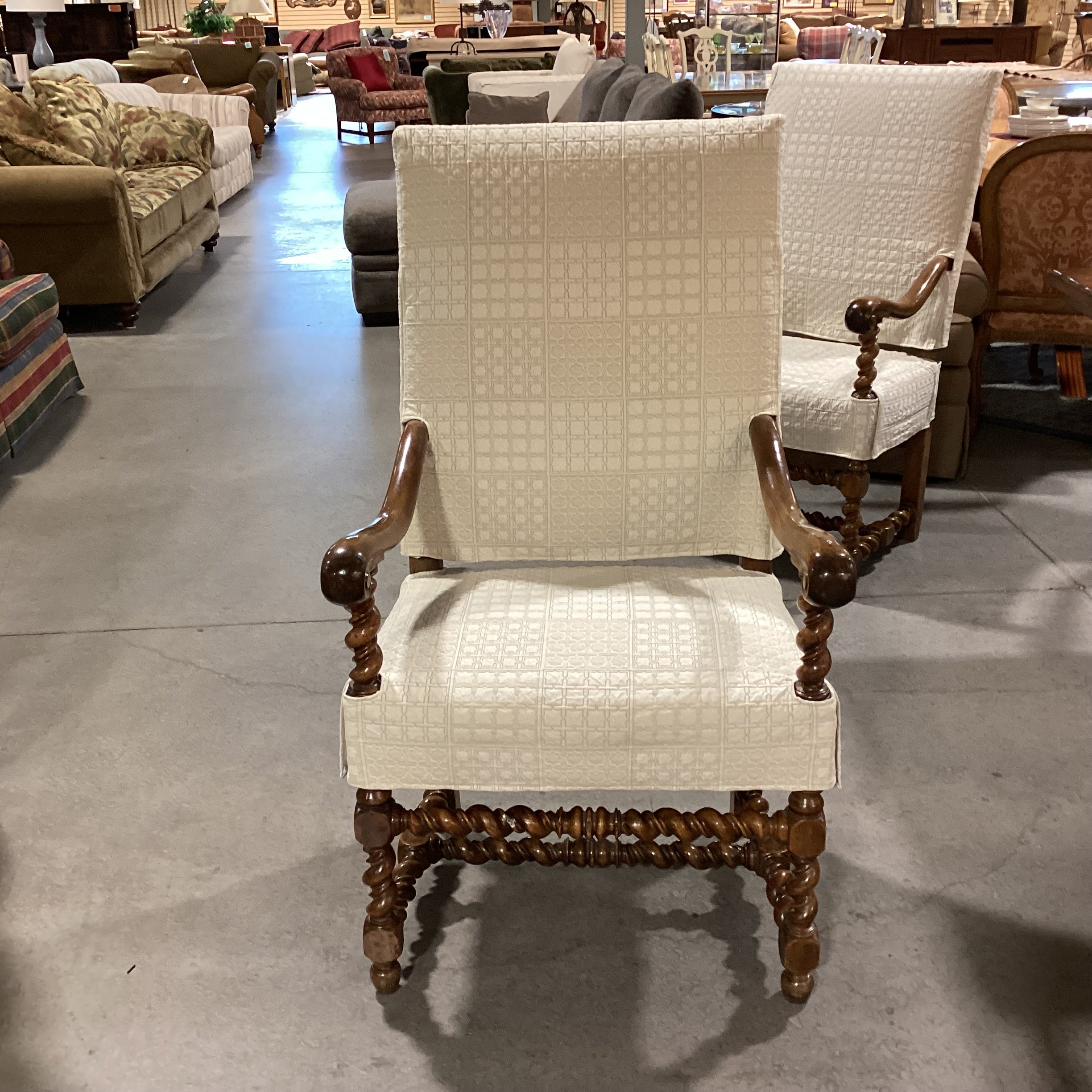 Ornate Carved Wood with Ivory Quilted Slipcover Leather Underneath Chair 26"x 26"x 46"