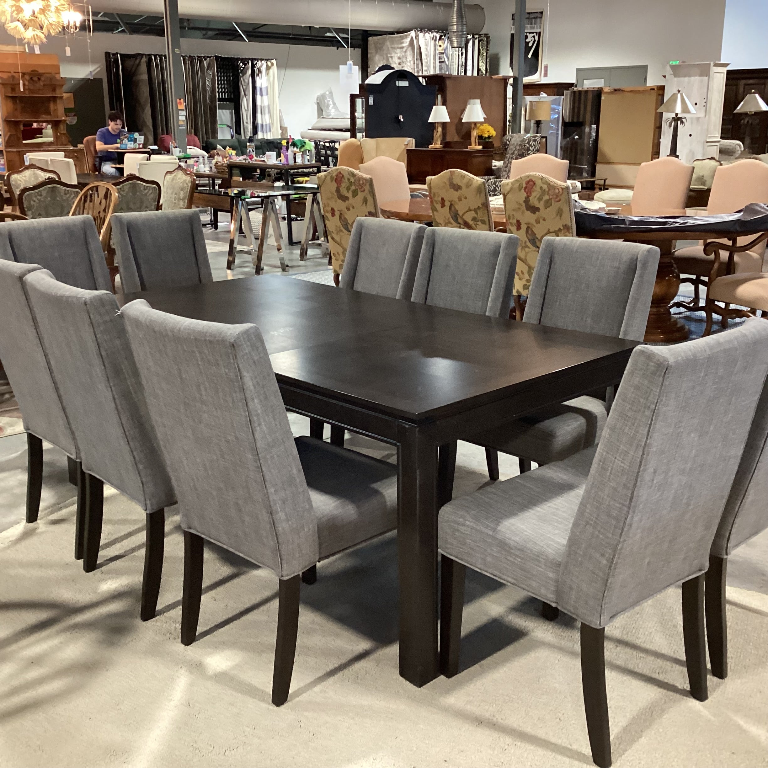 Dark Finish Wood & Veneer 1 Leaf Table & 10 Grey Woven Chairs Dining Set 78"x 42"x 30"