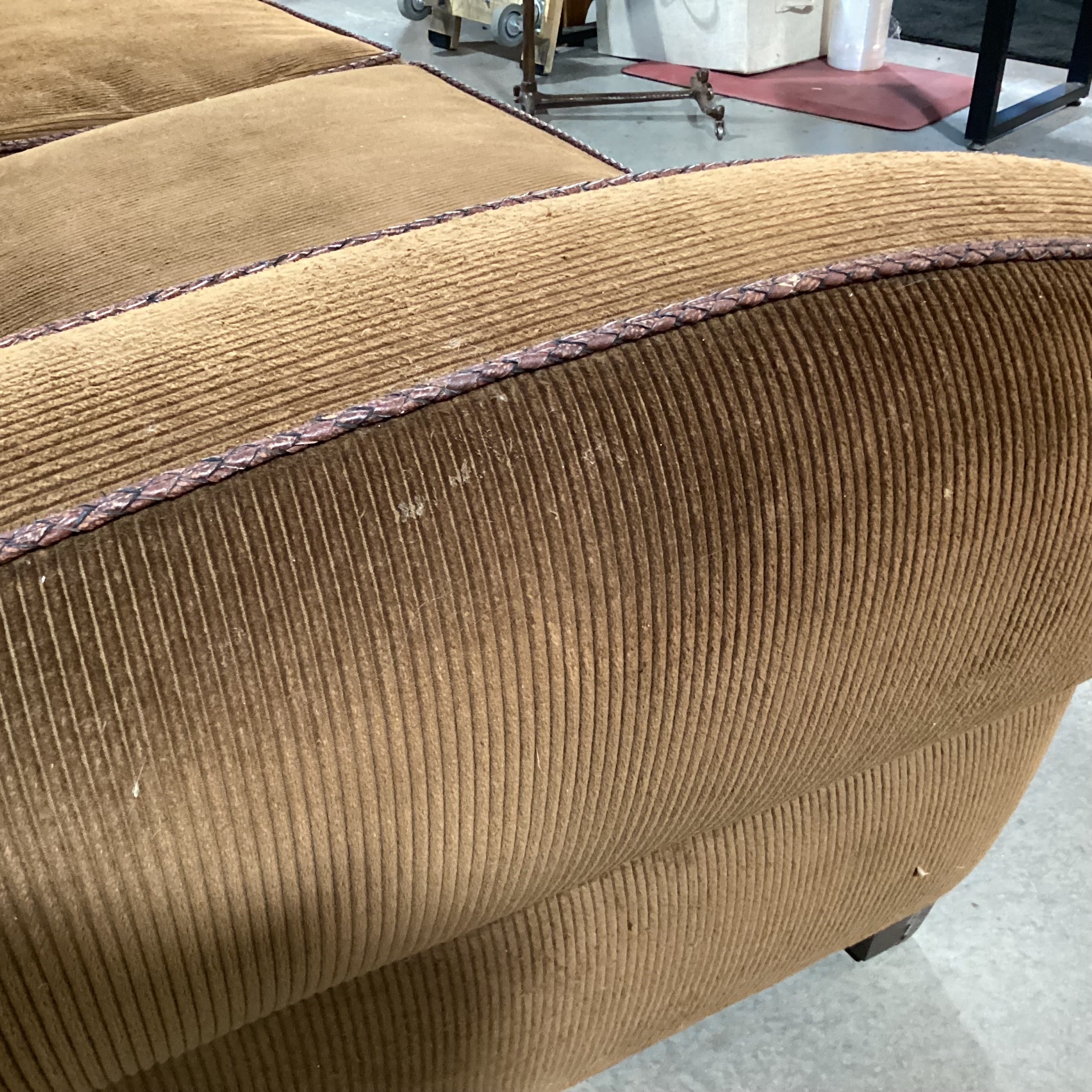 Richard Charles Brown Corduroy Braided Leather Piping & Down Mix Sofa 86"x 40"x 34"