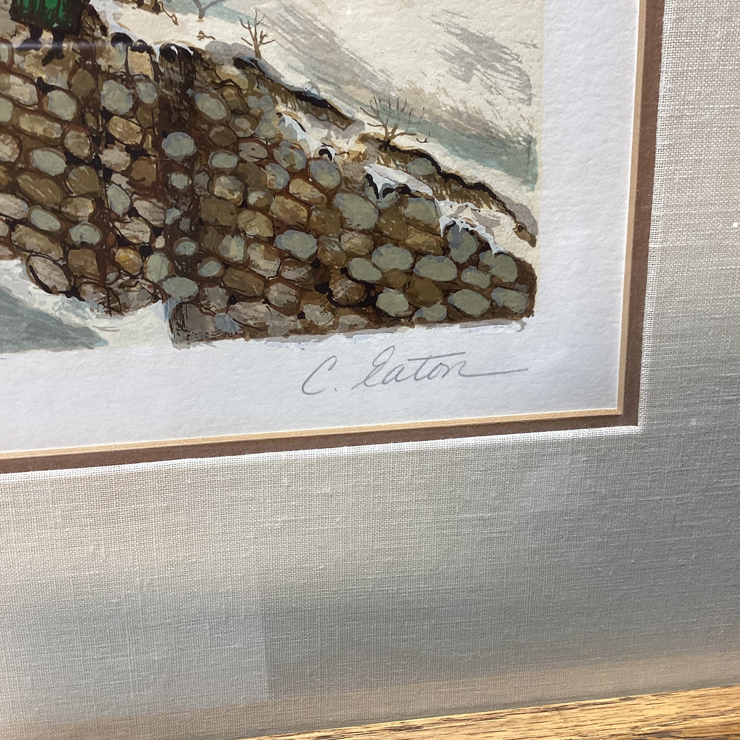 Vintage Catherine Eaton Signed Limited Edition "Winter Village Scene" Framed Serigraph Print 35" x 30"