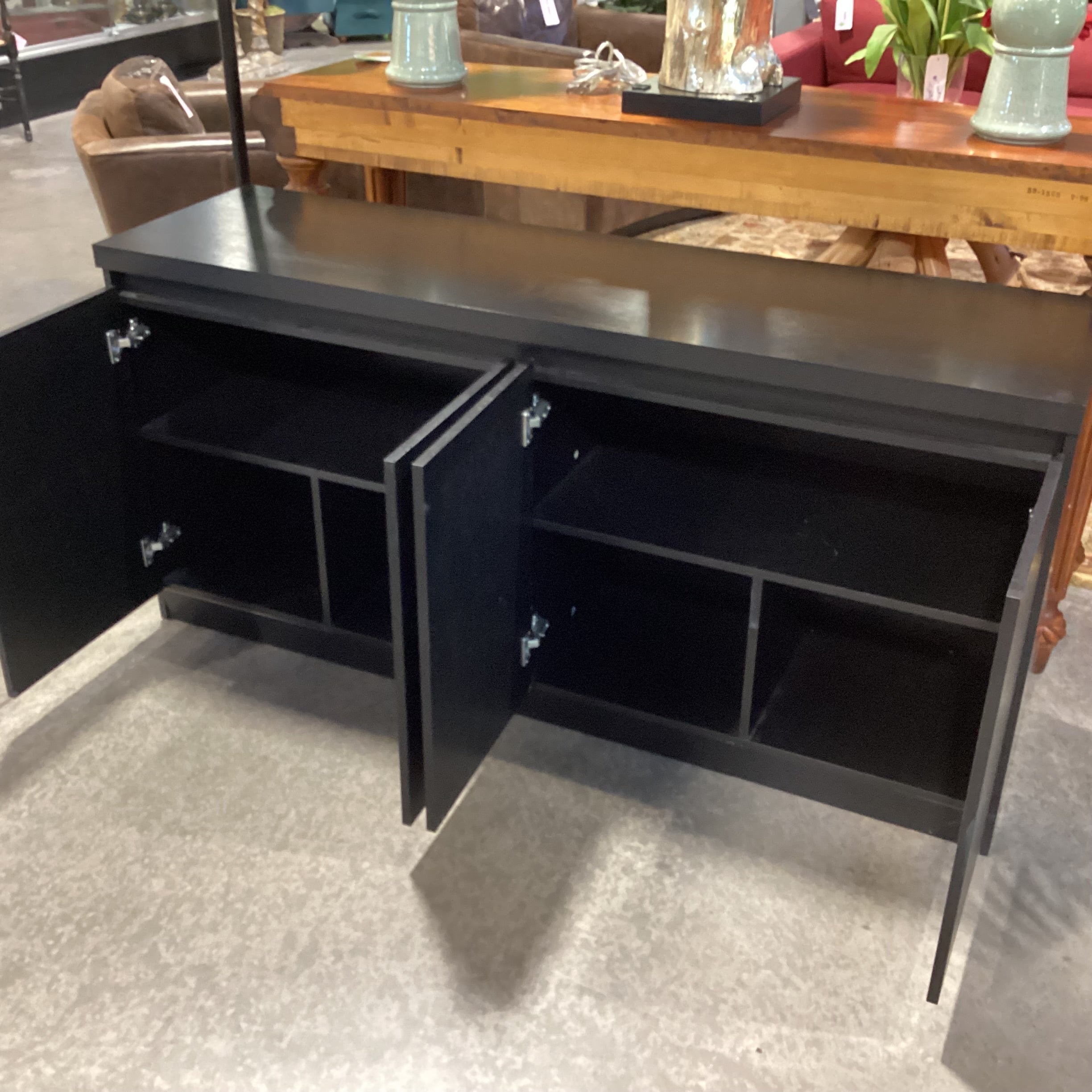 Ebony Finish Veneer 4 Door with Shelves Console Credenza 62.5"x 17.5"x 30"