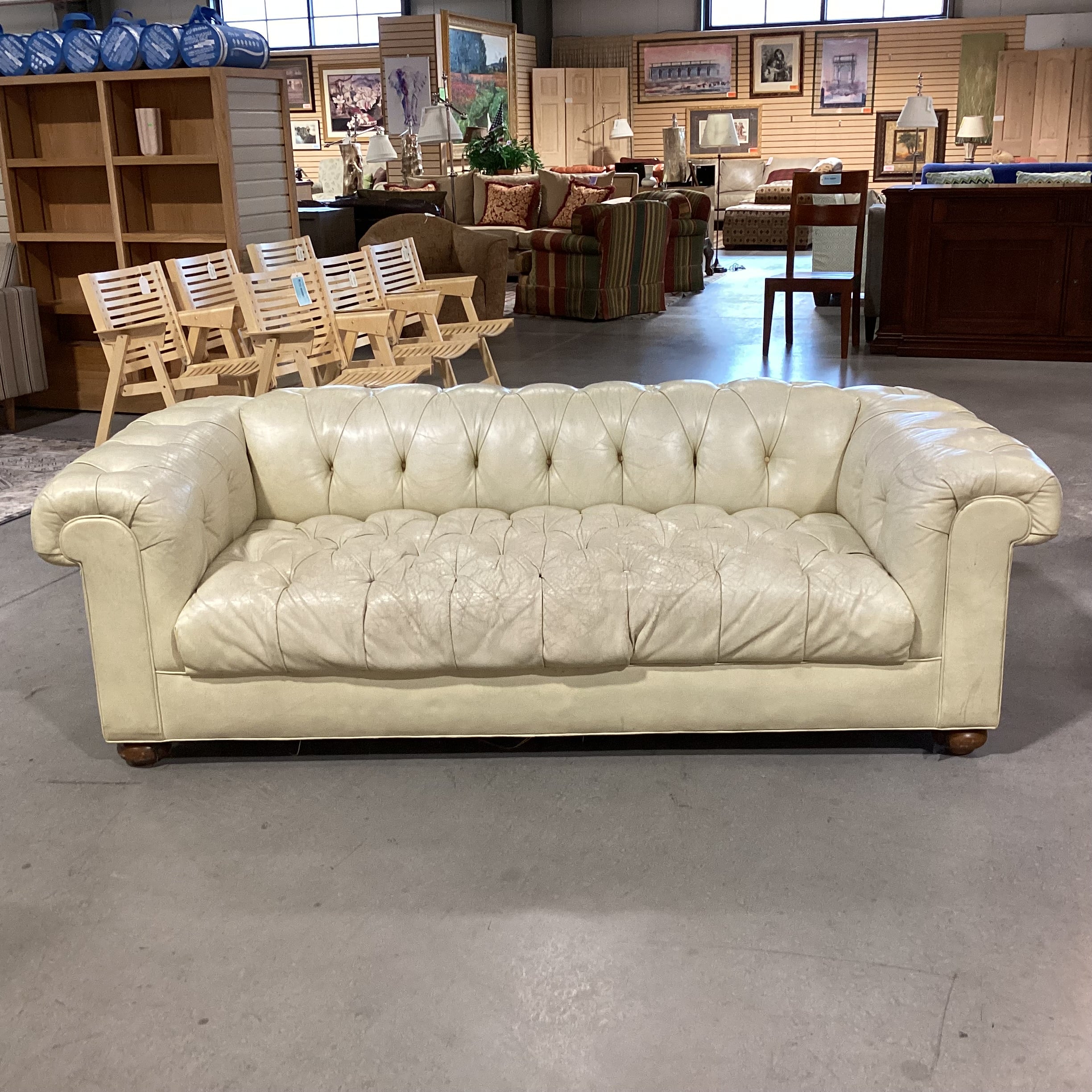 Cream Leather Tufted Chesterfield Sofa 80"x 36"x 25"