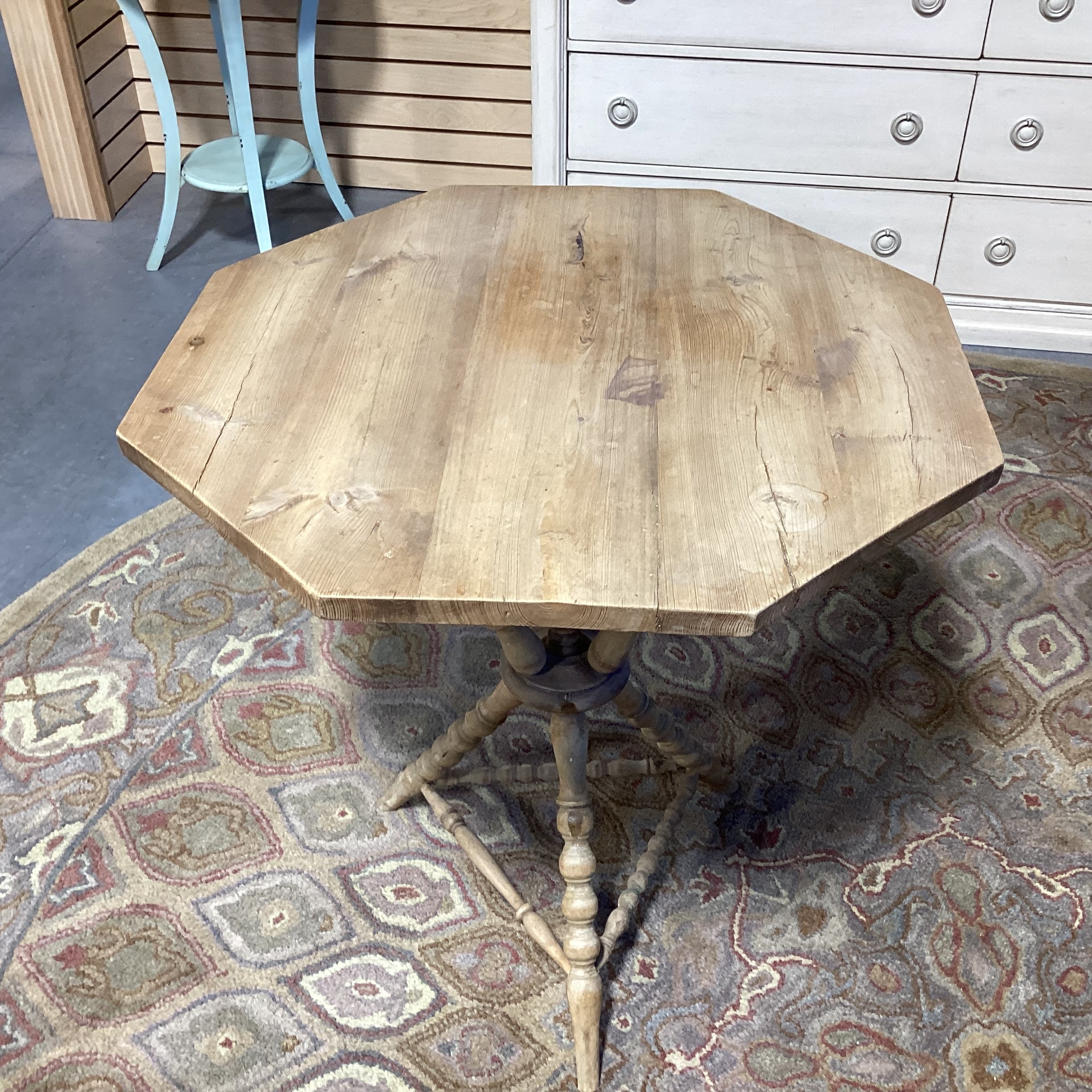 Antique Natural Pine Spindle Carved Tri Leg Octagon Top Accent Table 28.5"x 28.5"x 29.5"