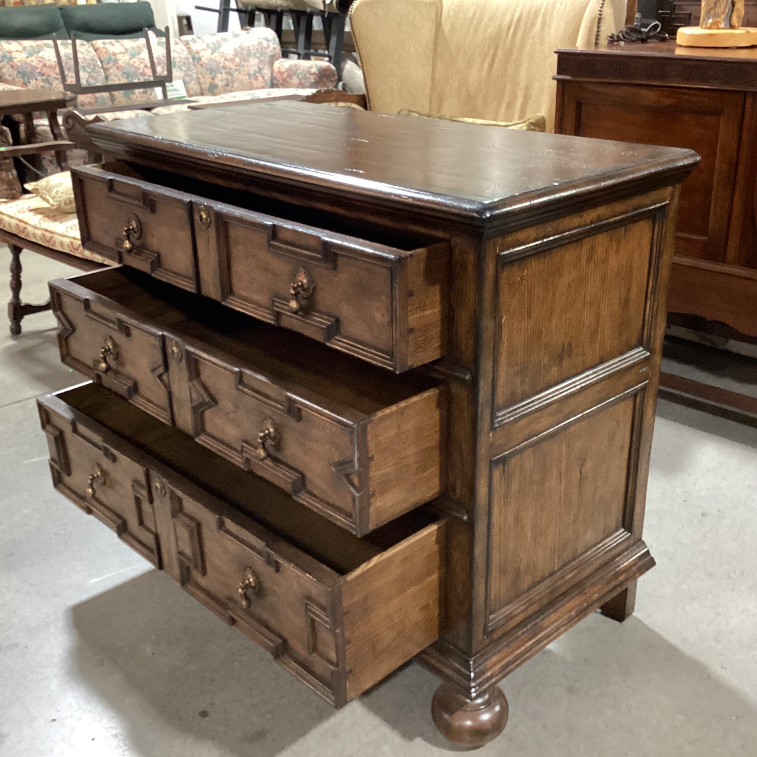 Dark Finish Solid Wood Carved Molding & Ball Feet Detail Brass Teardrop Pulls Keyhole Accent 3 Drawer Chest 43"x 20.5"x 36"