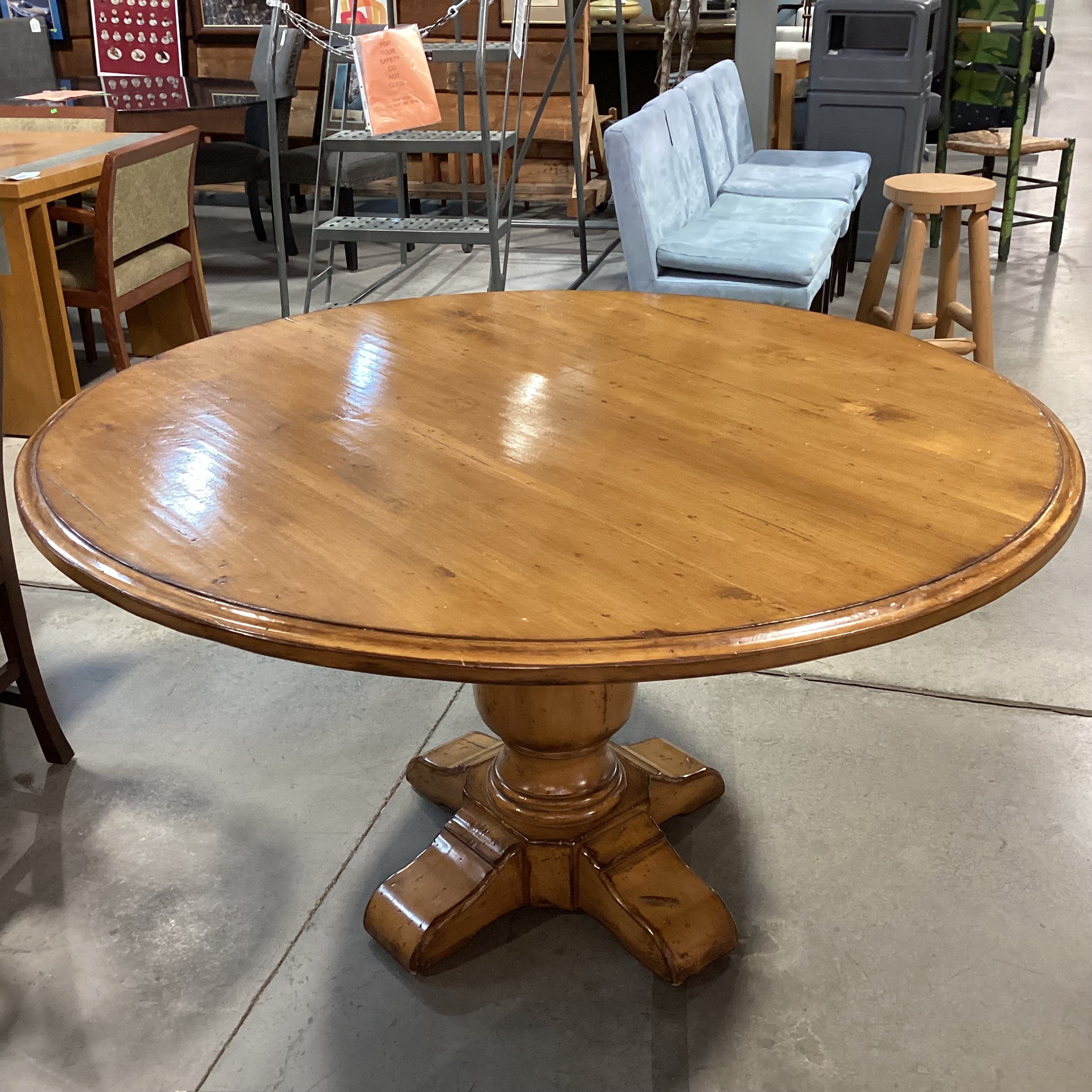 Distressed Finished Wood with Carved Pedestal Round Dining Table 54" Diameter x 30.5"