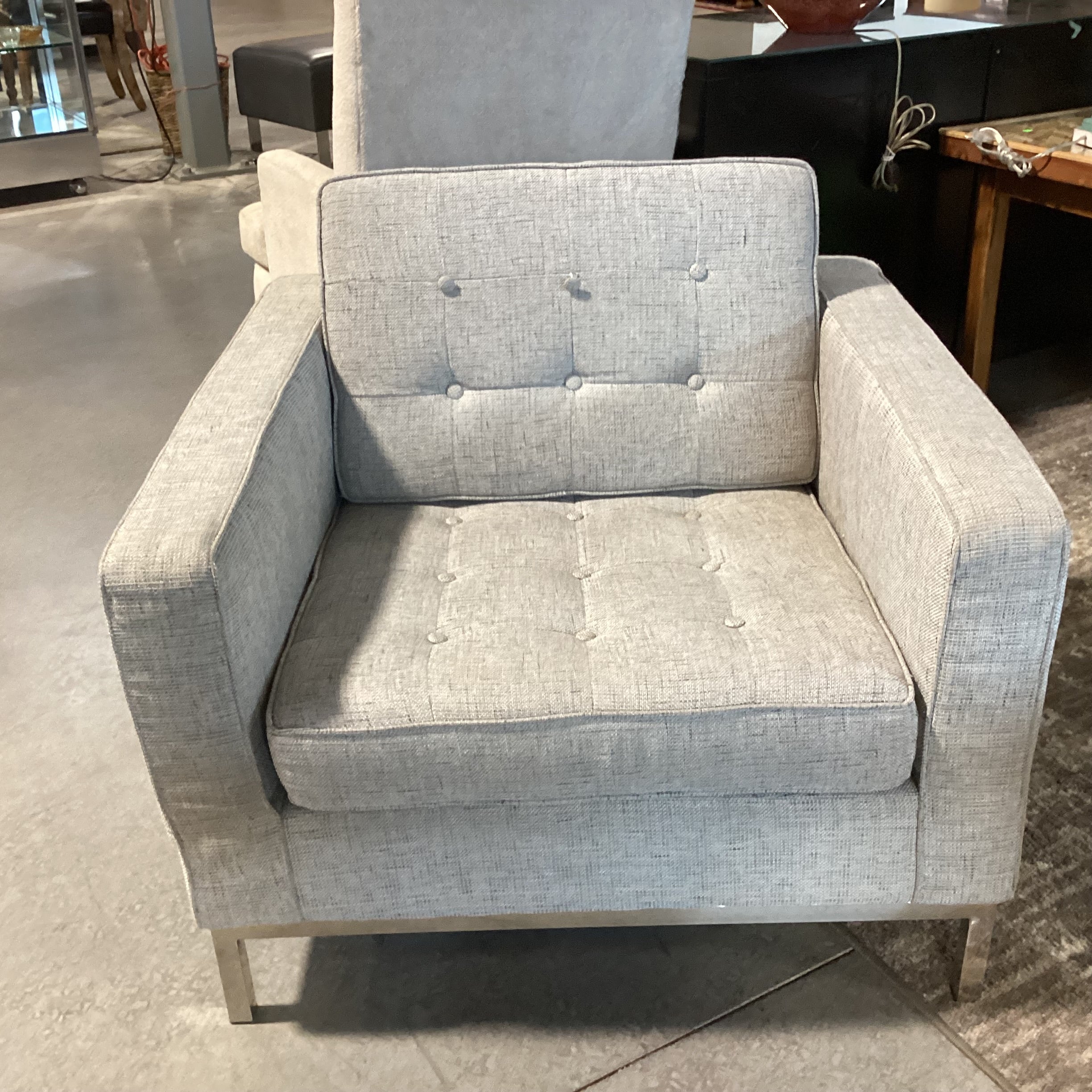 Modern Heathered Grey Woven Button Tufted & Chrome Chair 31"x 19"x 28.5"