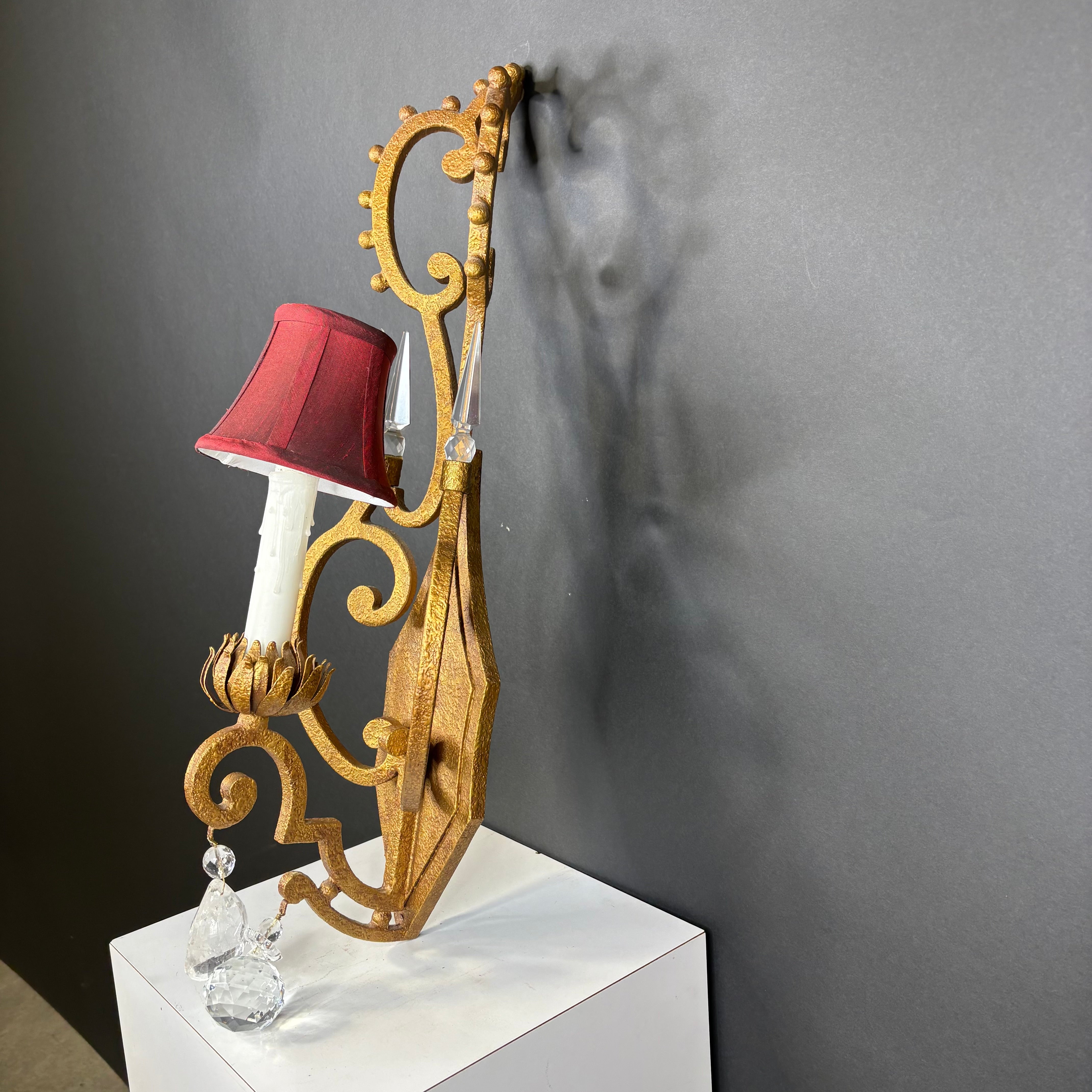 Hollywood Regency Style 1-Light Textured Gold Finish Metal and Crystal Accents with Shade Wall Sconce 8”x 26”x 7.5”