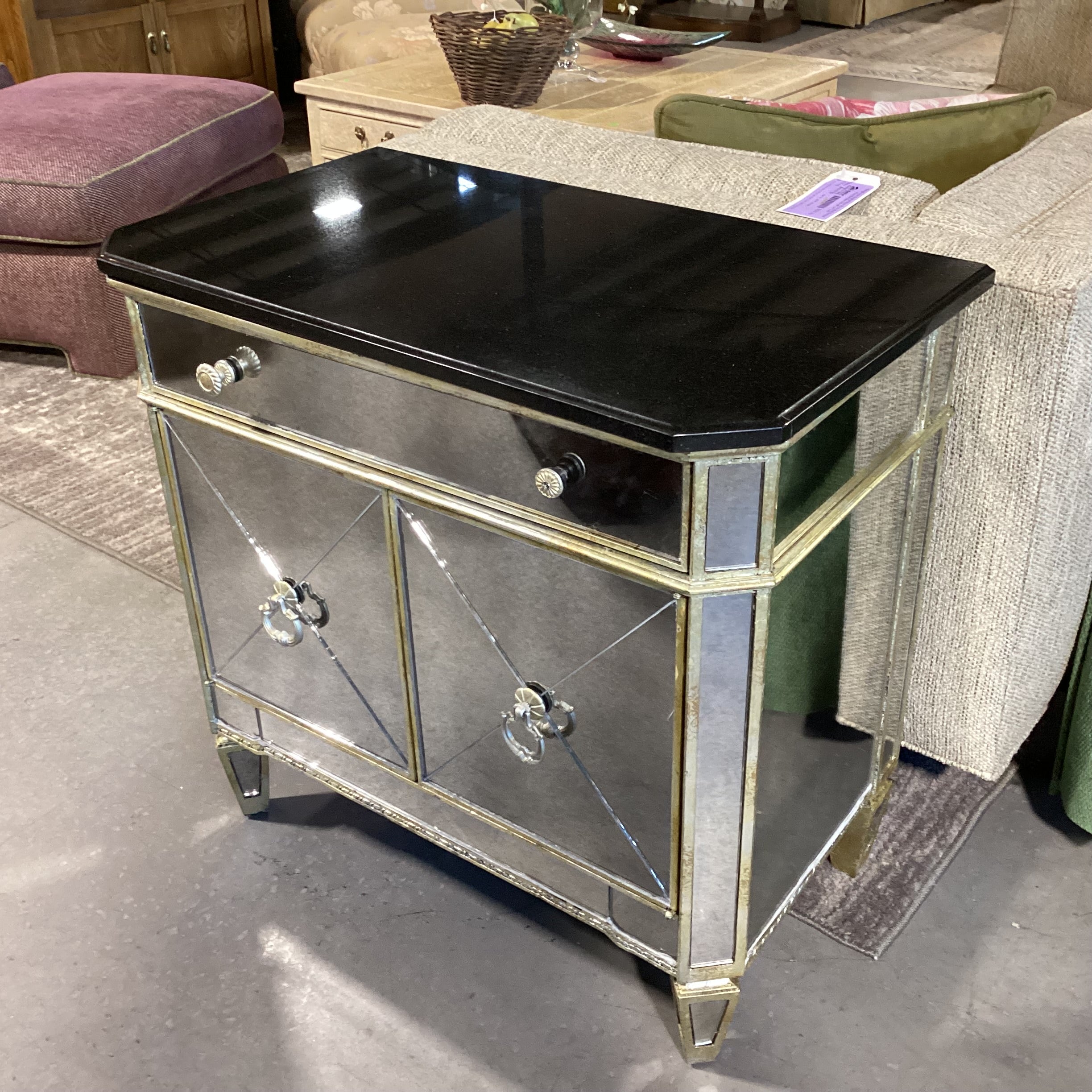 Antiqued Gold with Mirror & Black Granite Top 2 Door Night Stand 30.5"x 17.5"x 29"