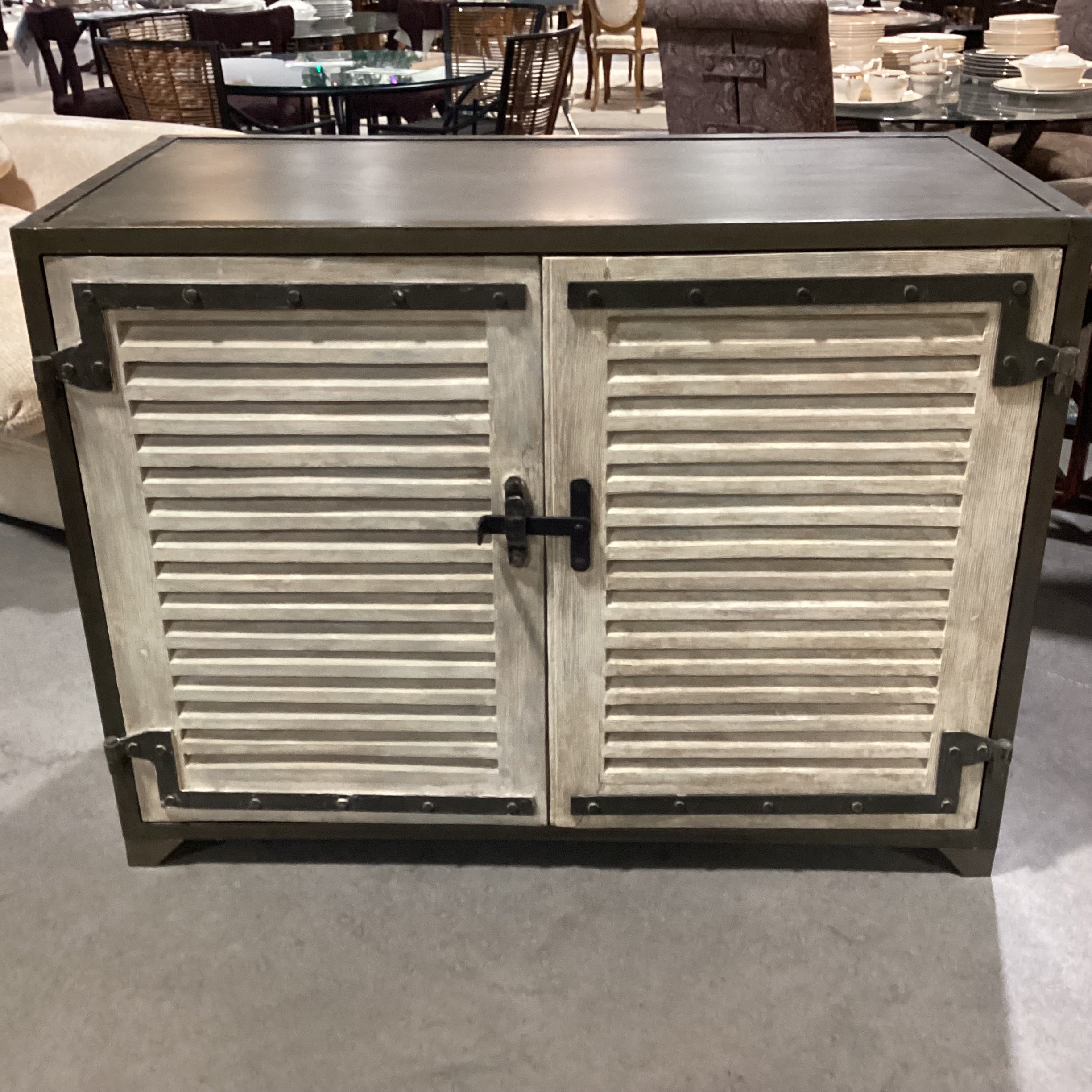 Arteriors Paris Industrial Iron & Washed Oak Shutter Doors Cabinet Console 48"x 24"x 36" l