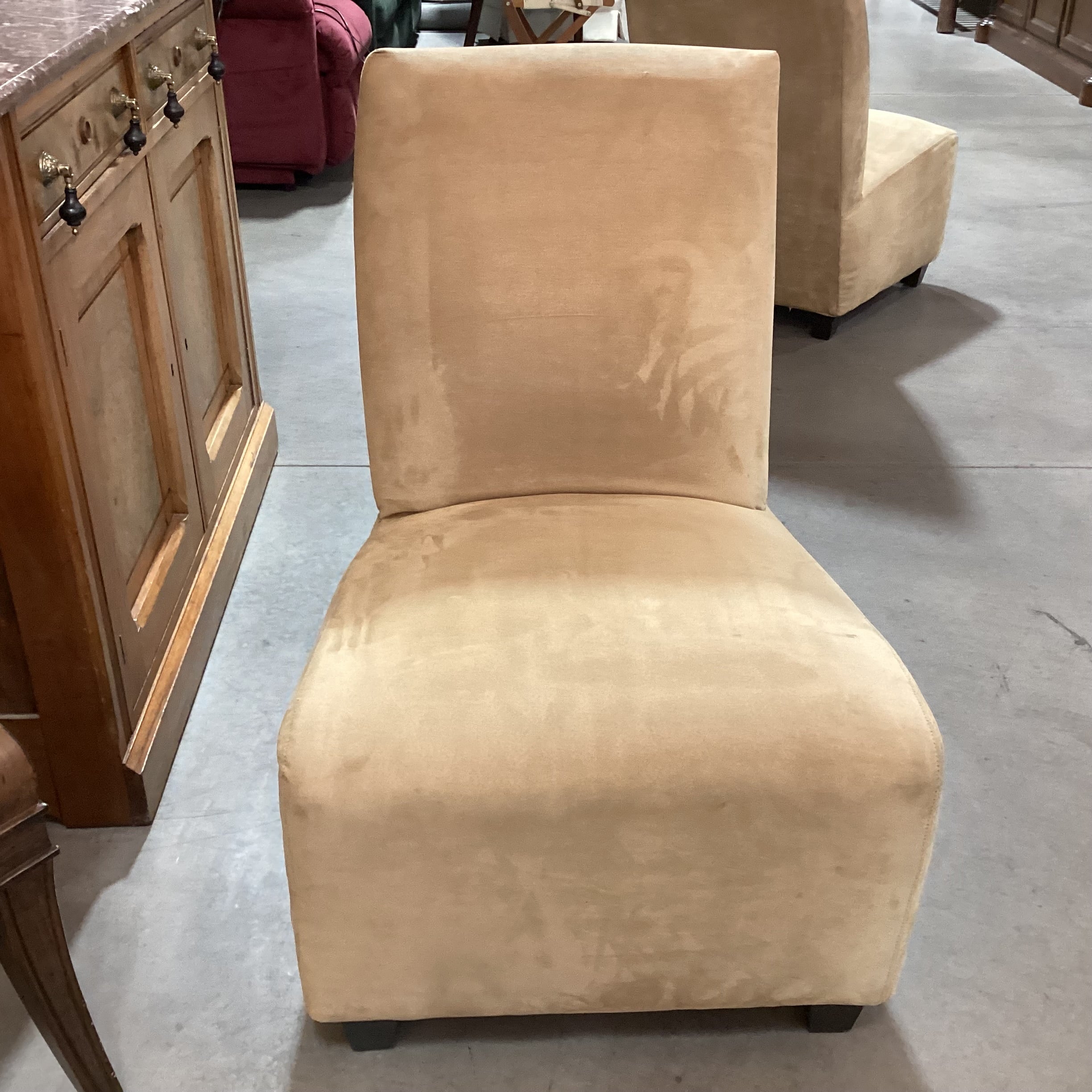 Golden Tan Suede Slipper Style Chair 26"x 32"x 36"