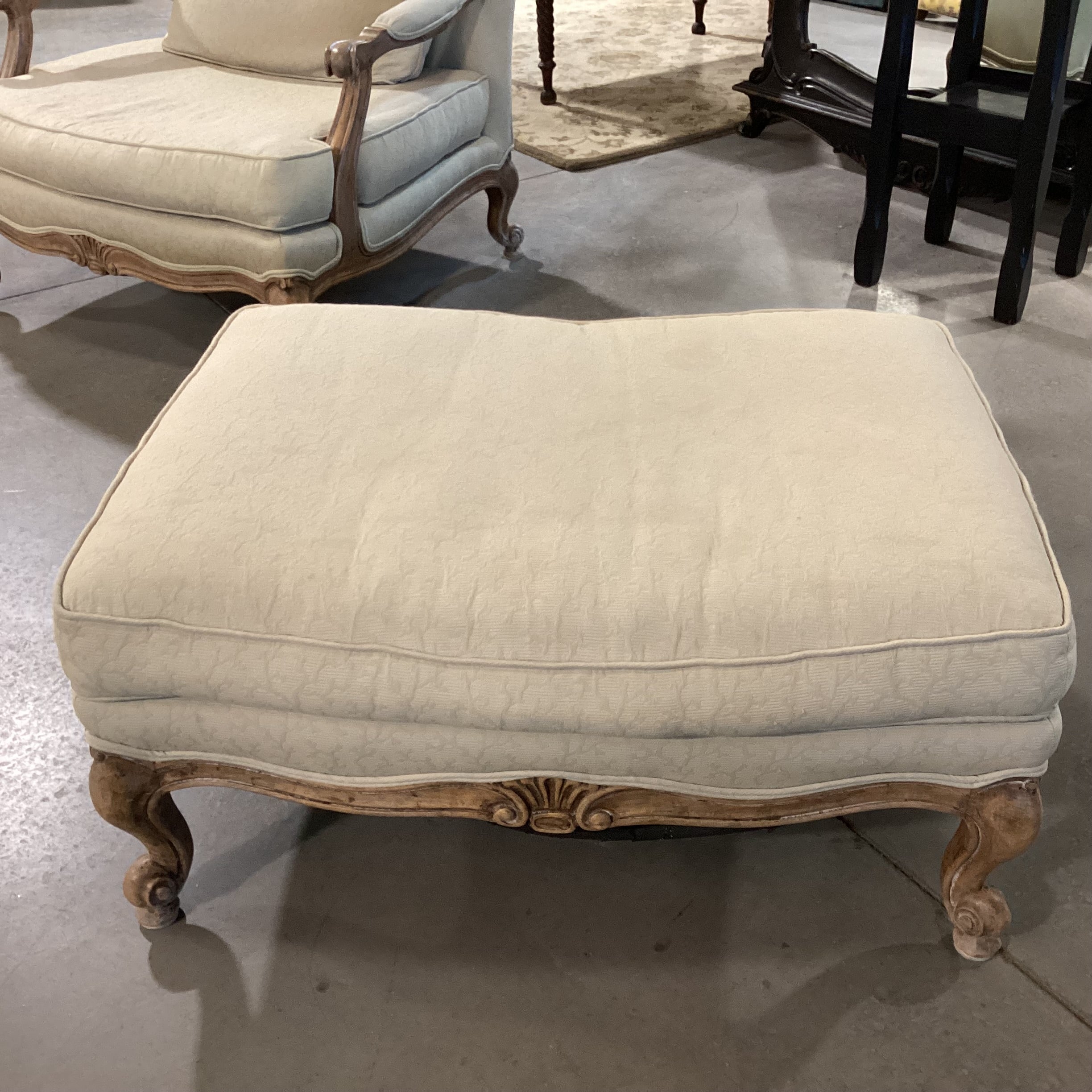 French Provincial Style Carved Antiqued Washed Wood & Wheat Raised Texture with Ottoman Chair 36"x 38"x 42"