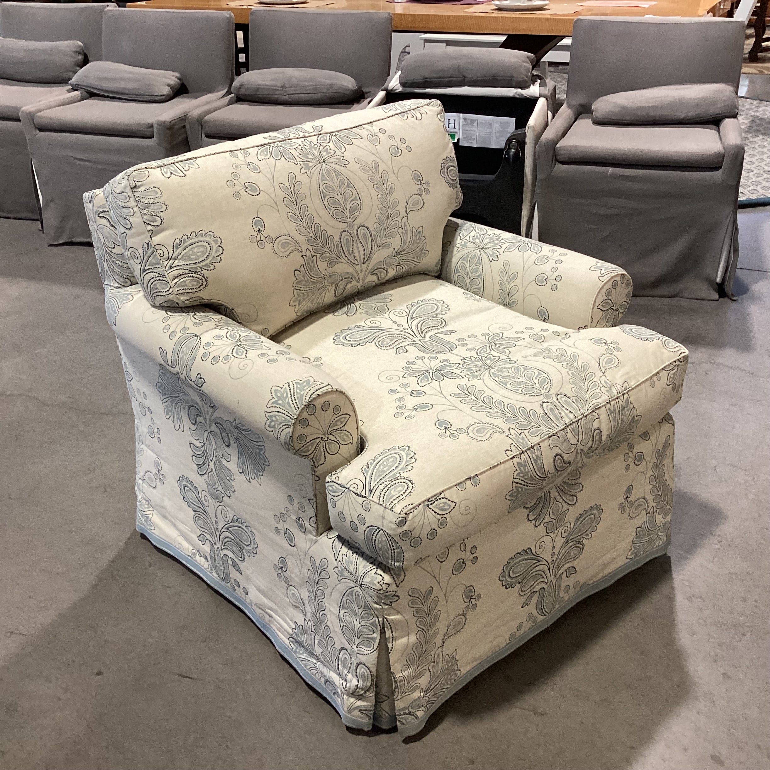 Custom Cream Blue Floral Linen Down Chair 33"x 33"x 28"