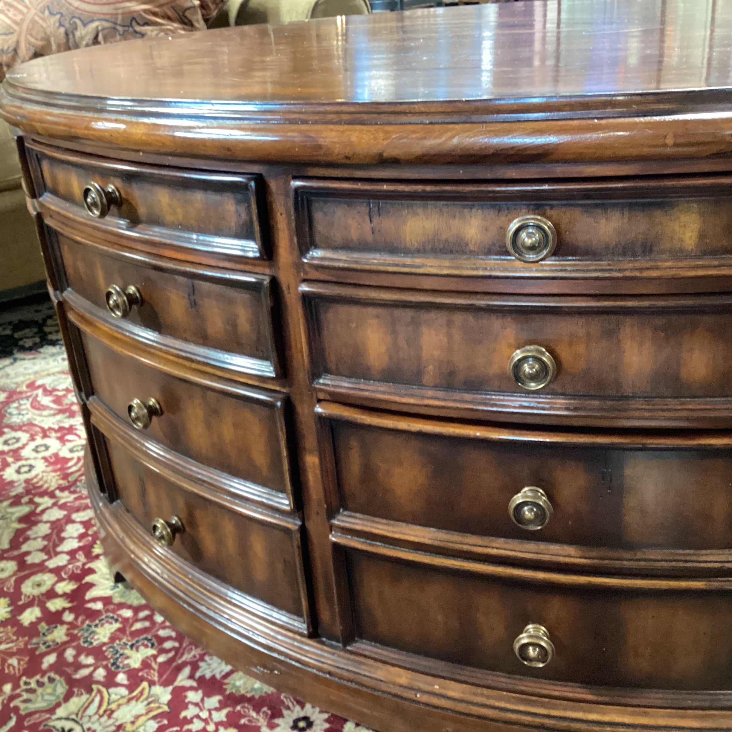 Theodore Alexander Style Oval Dark Finish 10 Drawer Coffee Table 48"x 36"x 23"