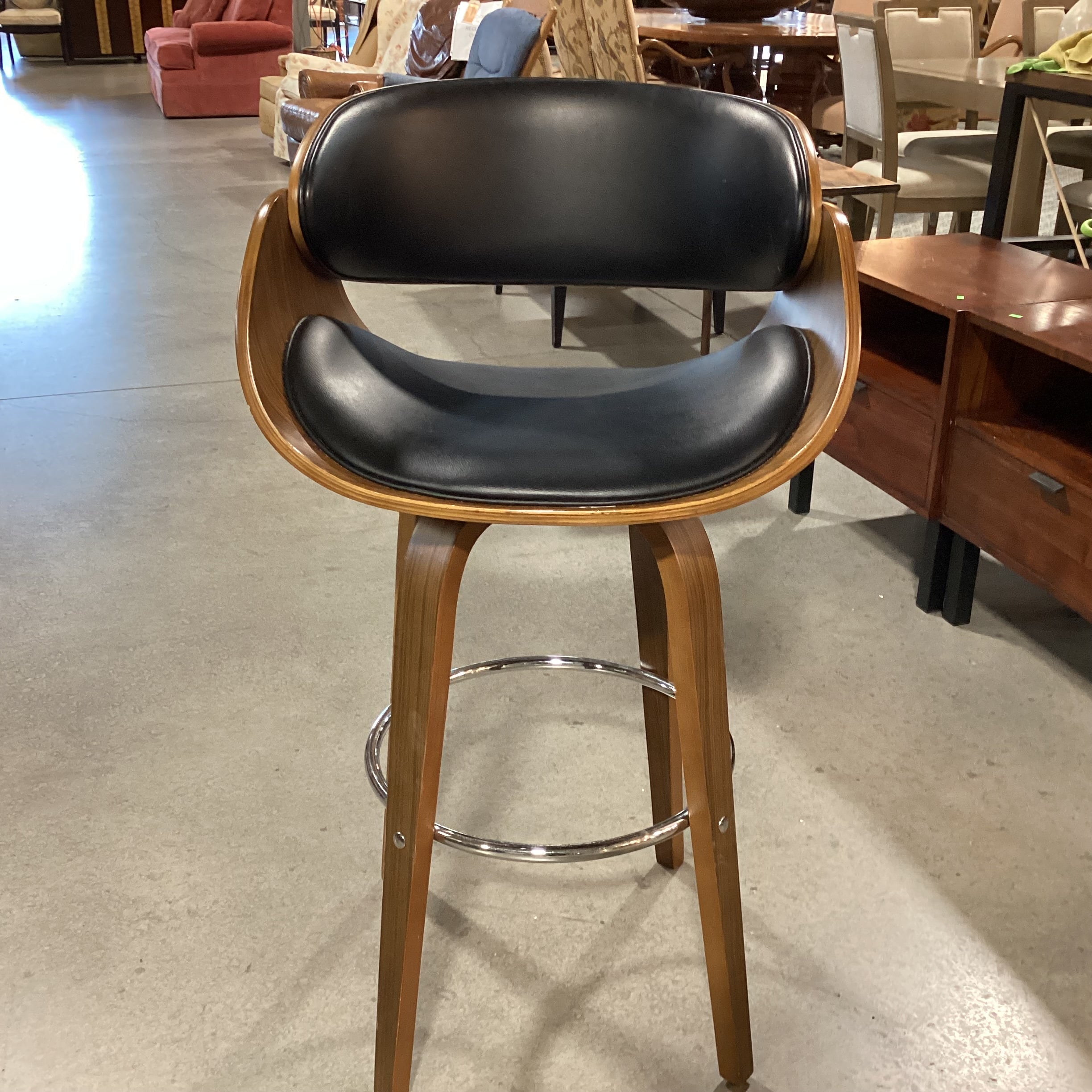 Mid Century Style Pressed Wood & Faux Black Leather Swivel Barstool 30"