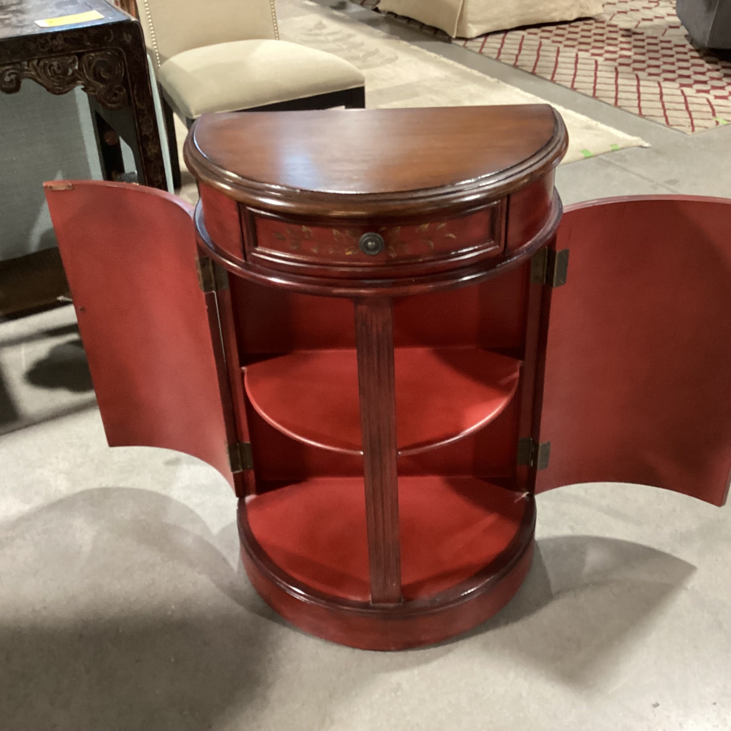 Antiqued Red Painted Floral 1 Drawer 2 Door Demilune Cabinet End Table 22"x 13"x 32.5"