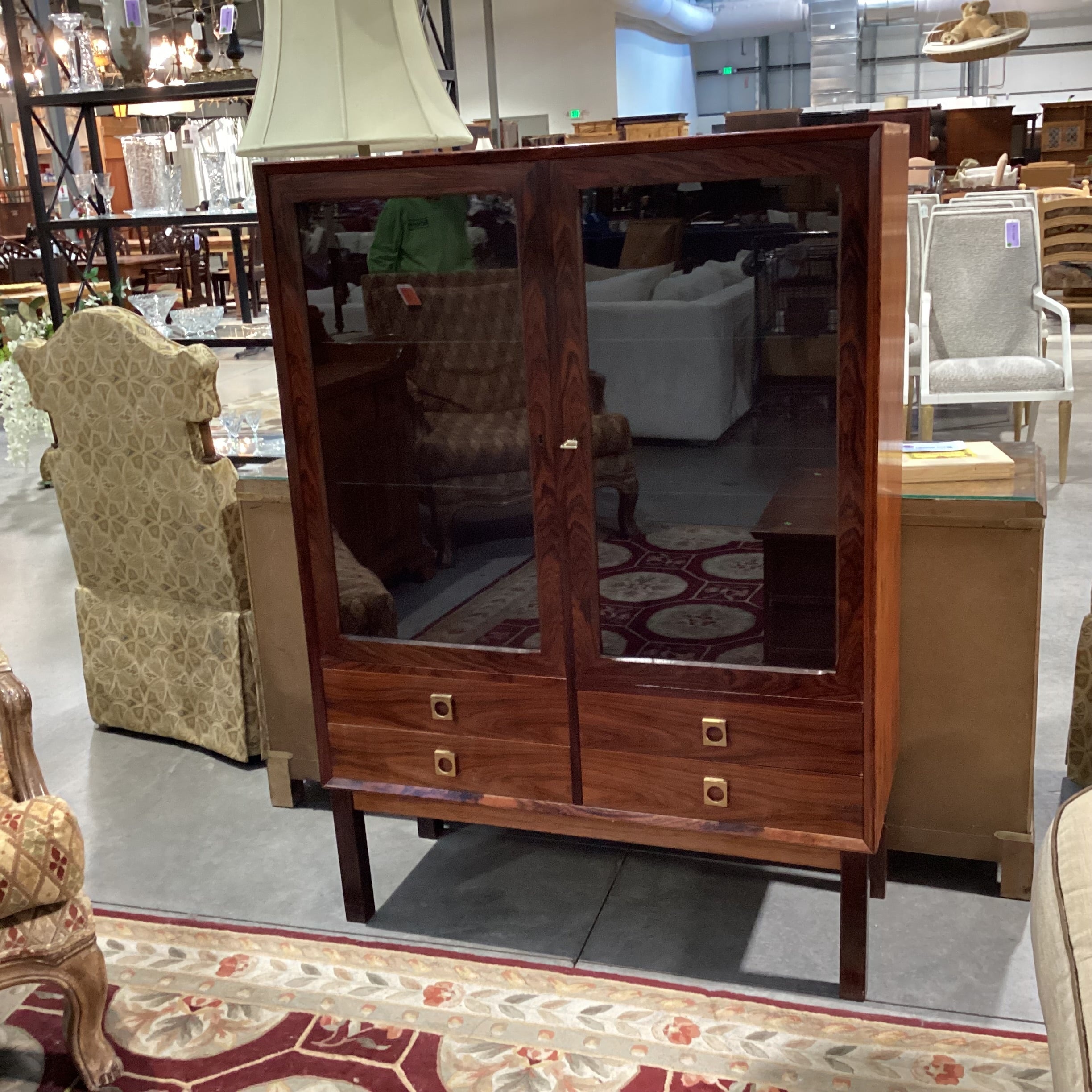 Vintage Danish Mid Century Rosewood & Glass 2 Door with Shelves 4 Drawer Display Cabinet Armoire 39.5"x 16"x 55"
