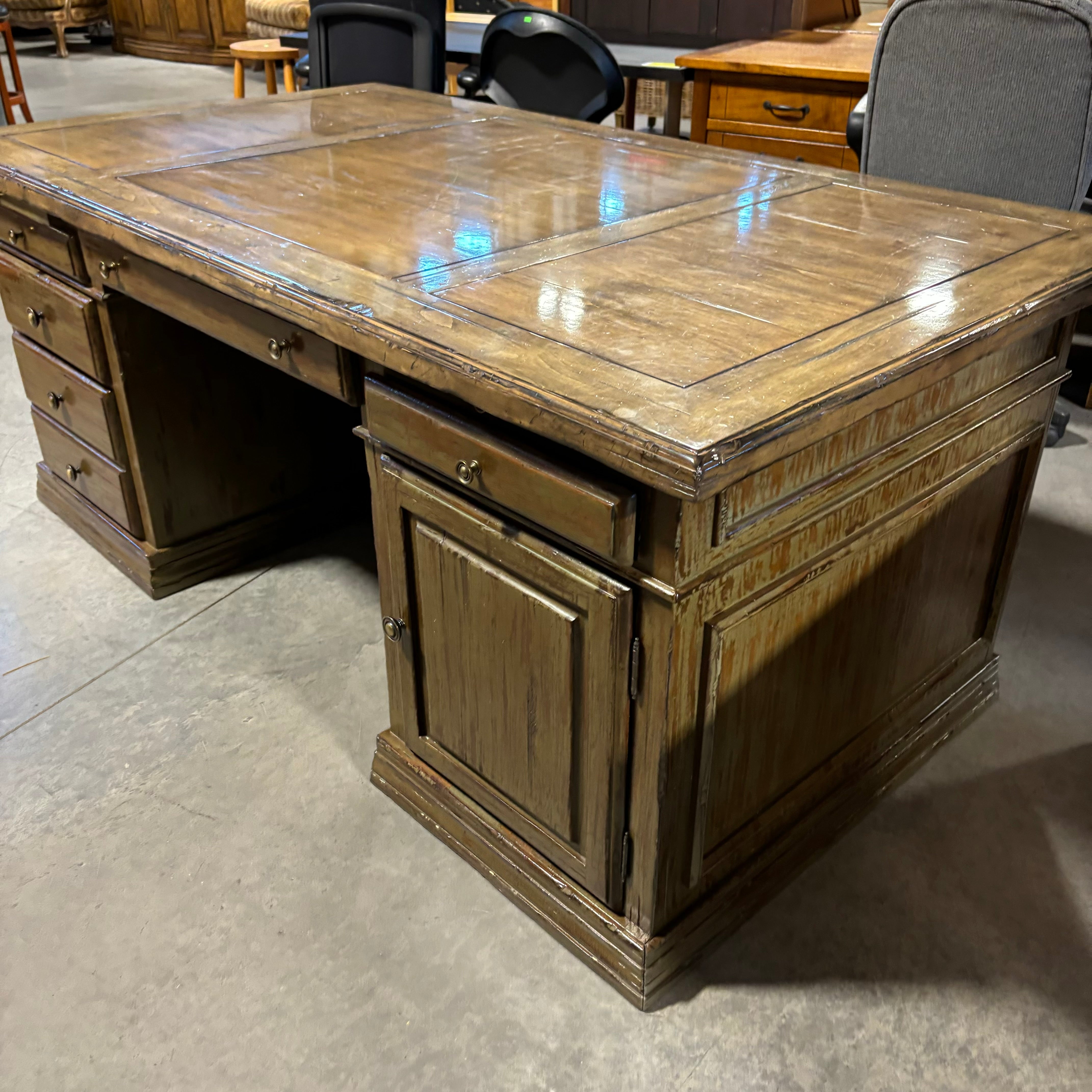 Antique Distressed Moss Finish 5 Drawer 1 Door with Dual Surface Pullouts Desk 74"x 41"x 30.5"