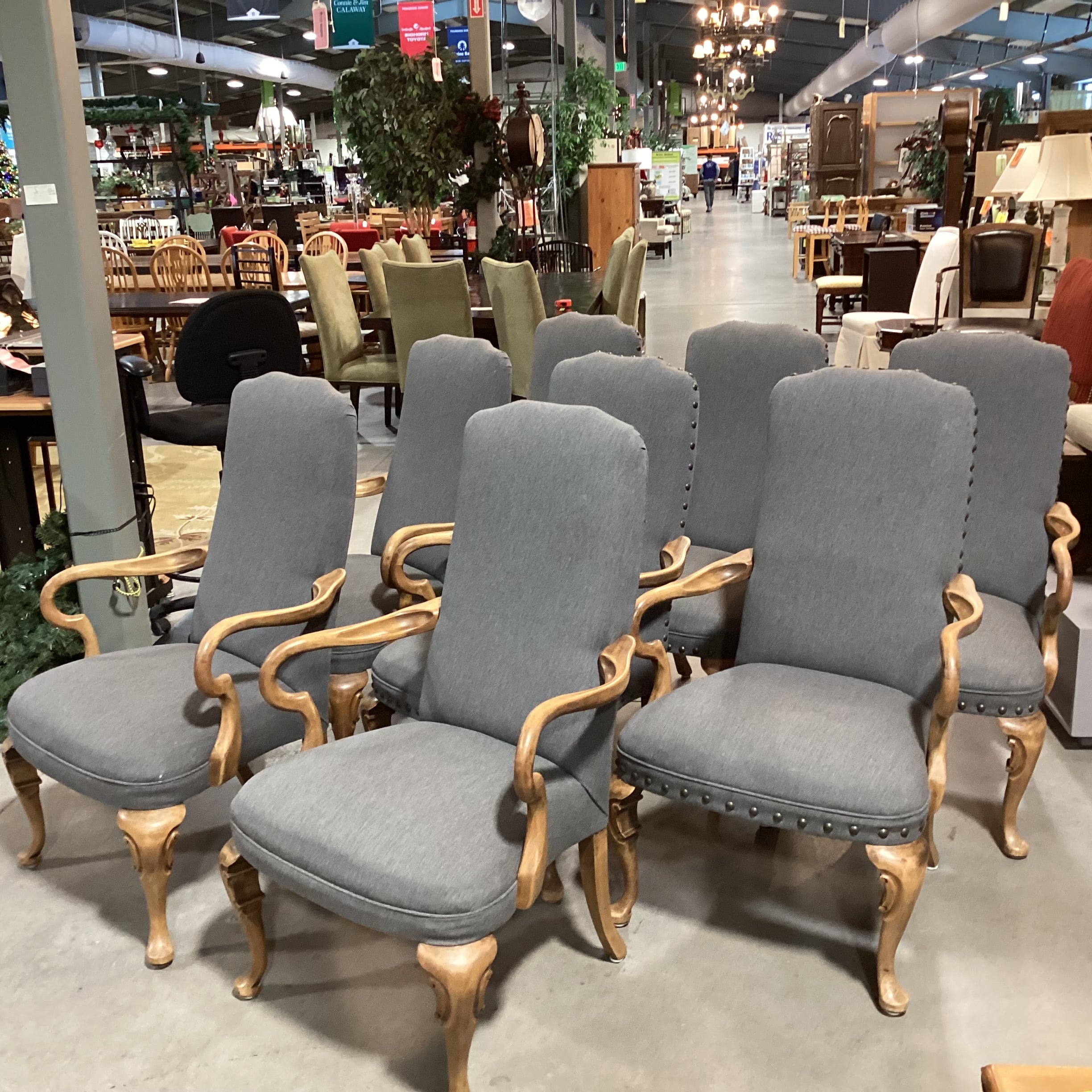 SET of 8 Antique Carved Wood with Reupholstered Grey Wool Blend Dining Chairs 27"x 24"x 43"  Chairs