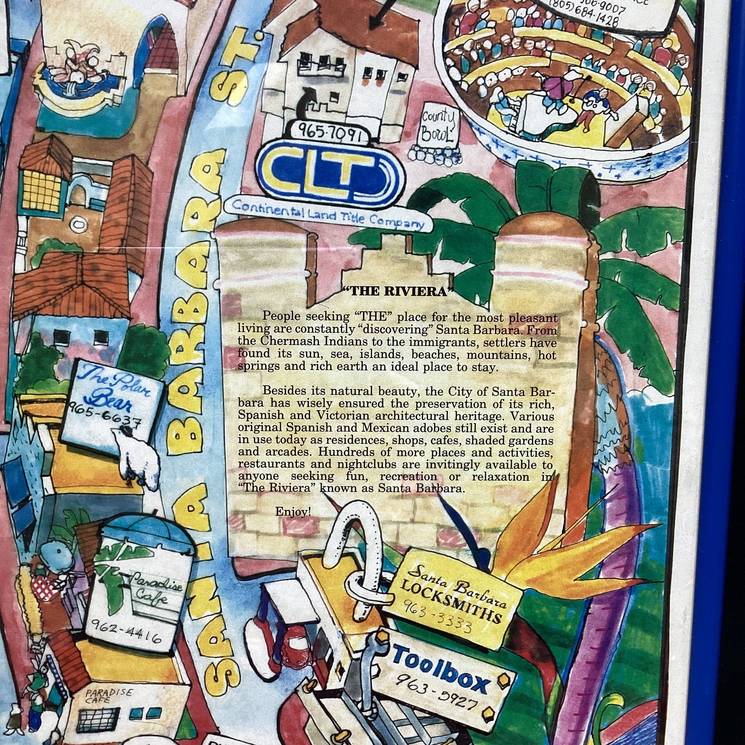 S. White Signed/Dated Santa Barbara Cartoonized City Map Print 24" x 36"